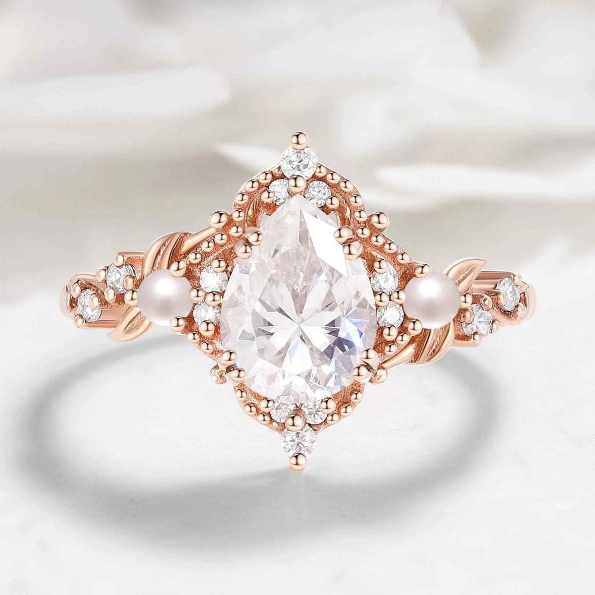 Nature Inspired Leaf Pear Cut Moissanite Engagement Ring With Pearl