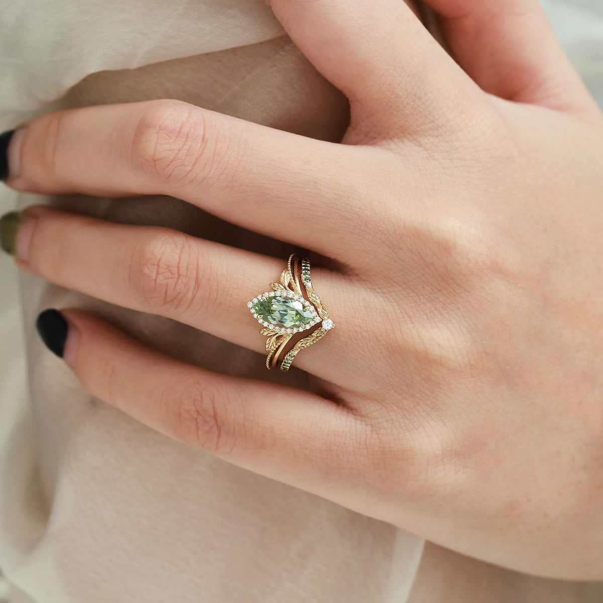 Marquise Green Sapphire Milgrain Halo Engagement Ring  & Wedding Band 2PCS