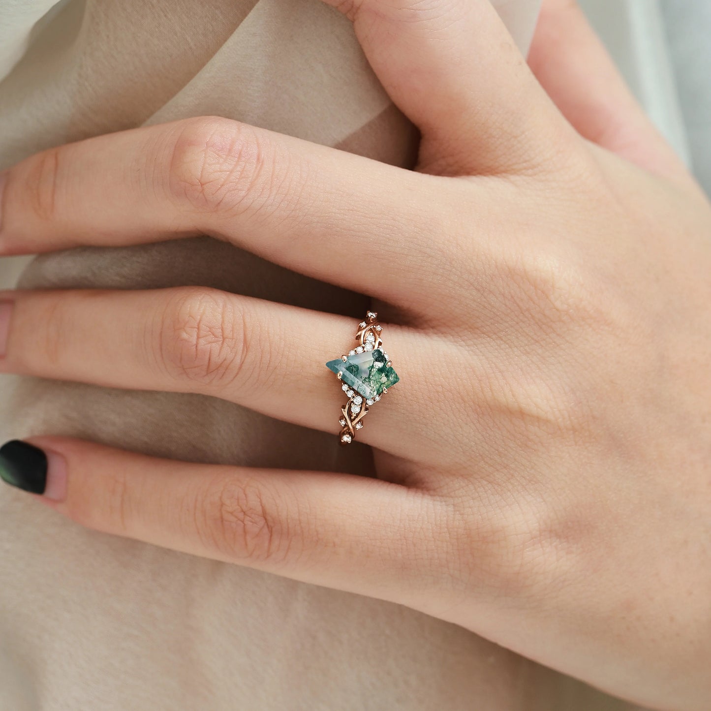 Nature Inspired Thorn Design Kite Cut Moss Agate Engagement Ring - Briar
