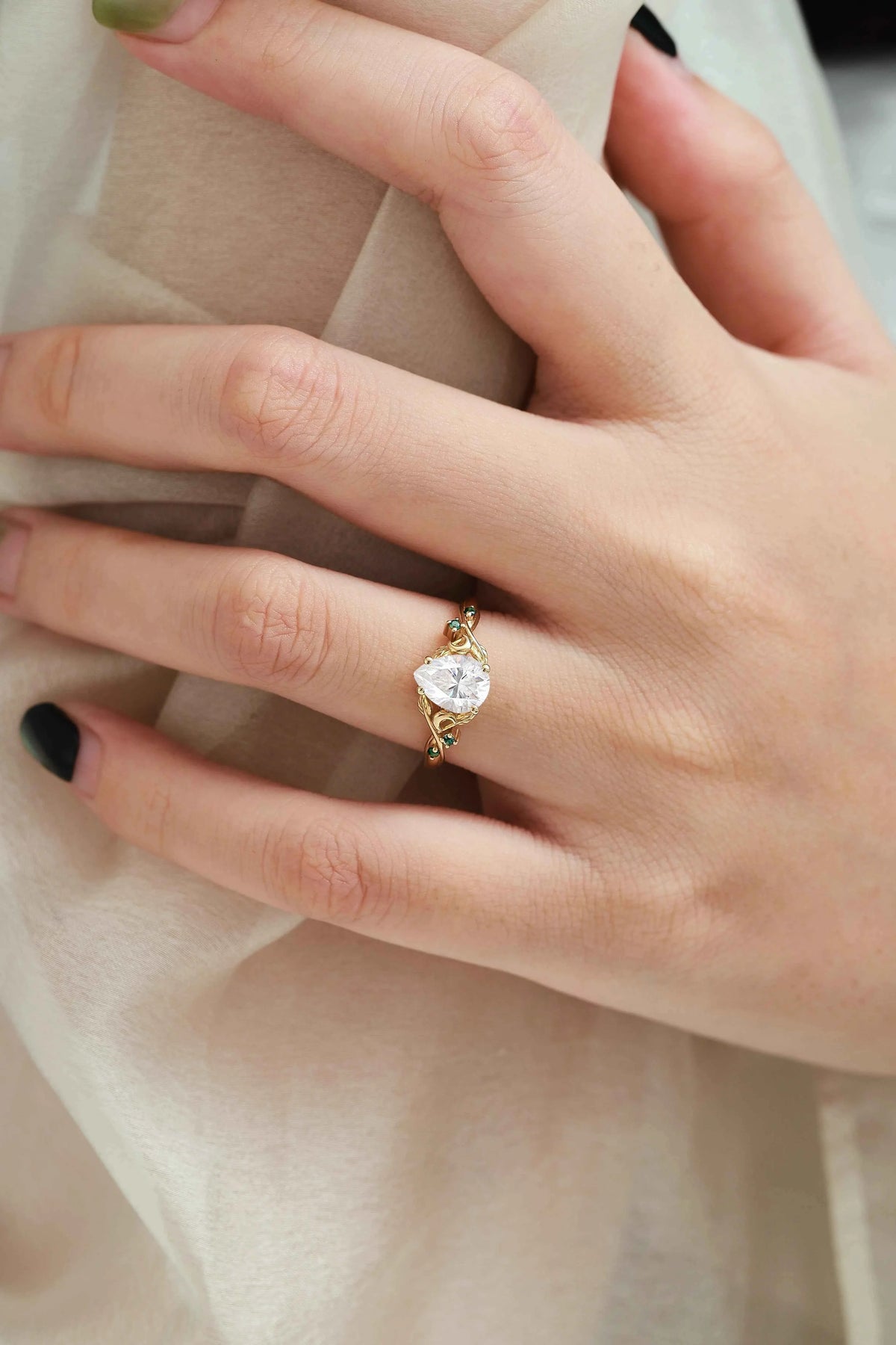 Nature Inspired Leaf and Moon Pear Cut Moissanite Engagement Ring - Eira