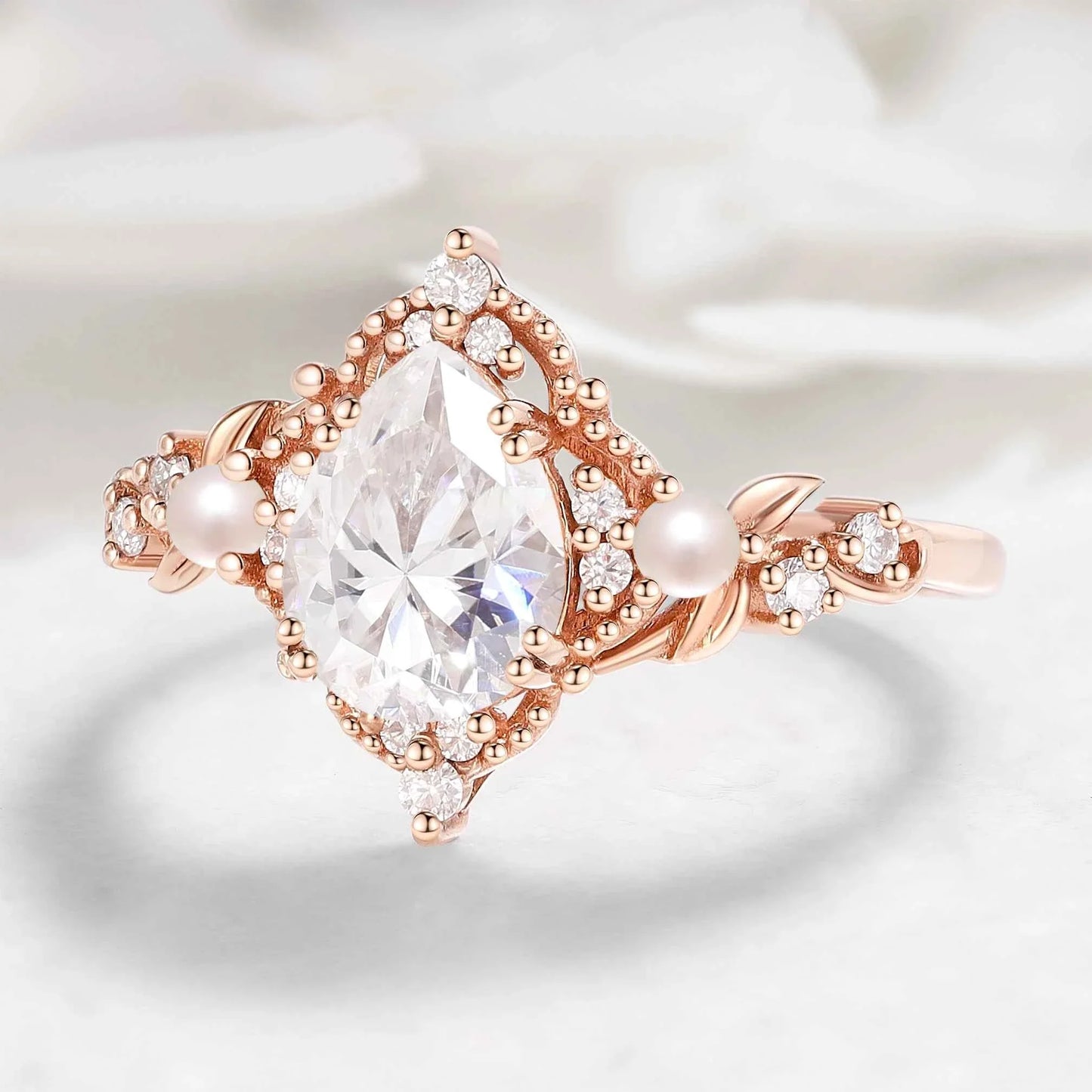 Nature Inspired Leaf Pear Cut Moissanite Engagement Ring With Pearl