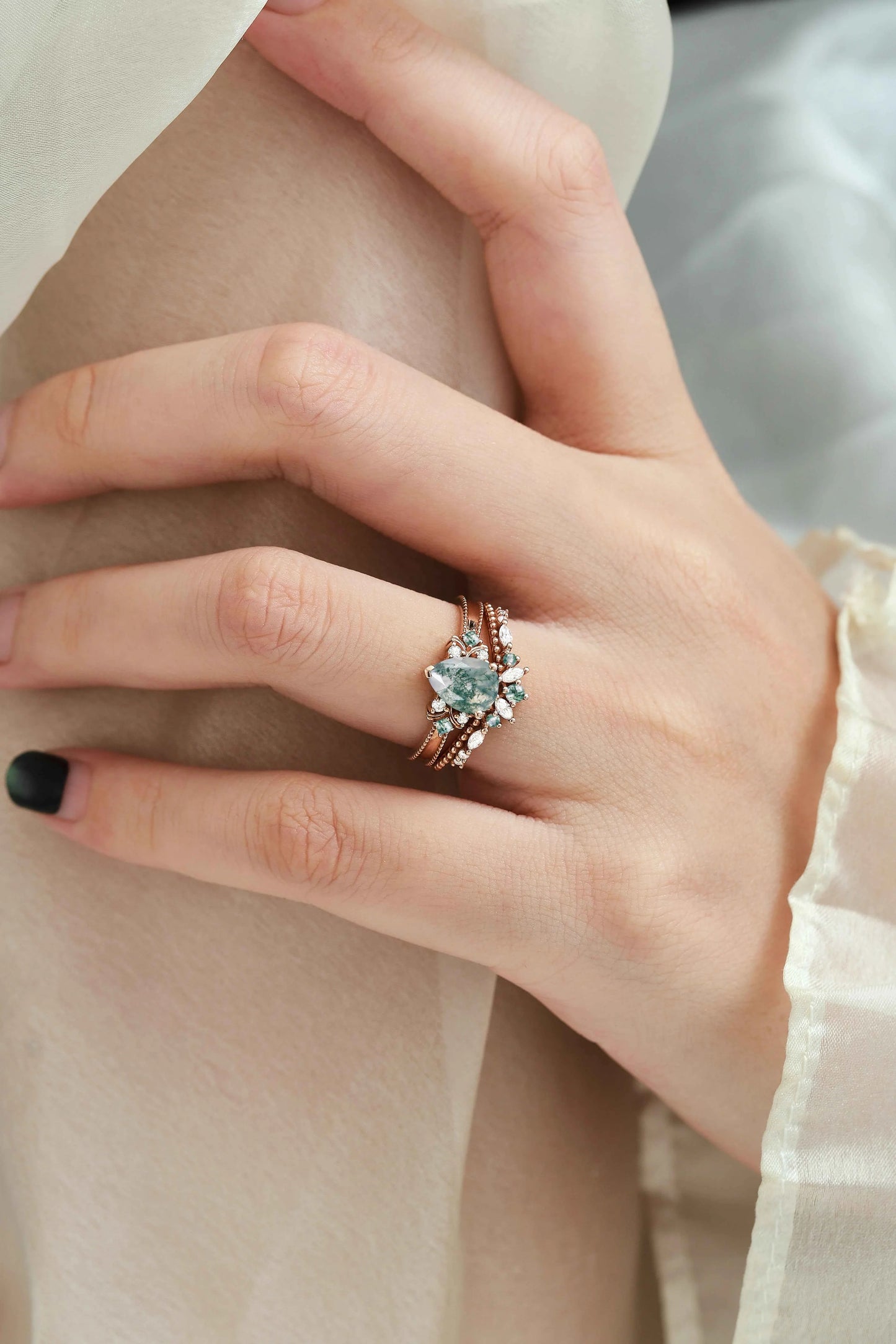 Vintage Beaded Pear Cut Moss Agate Engagement Ring Bridal Set