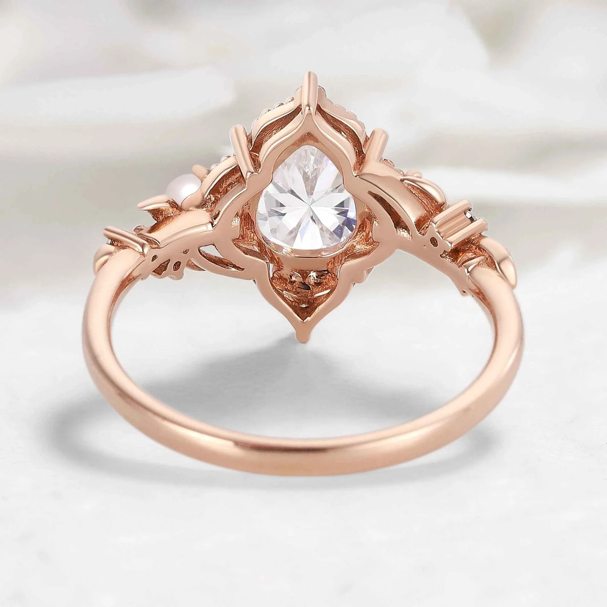 Nature Inspired Leaf Pear Cut Moissanite Engagement Ring With Pearl