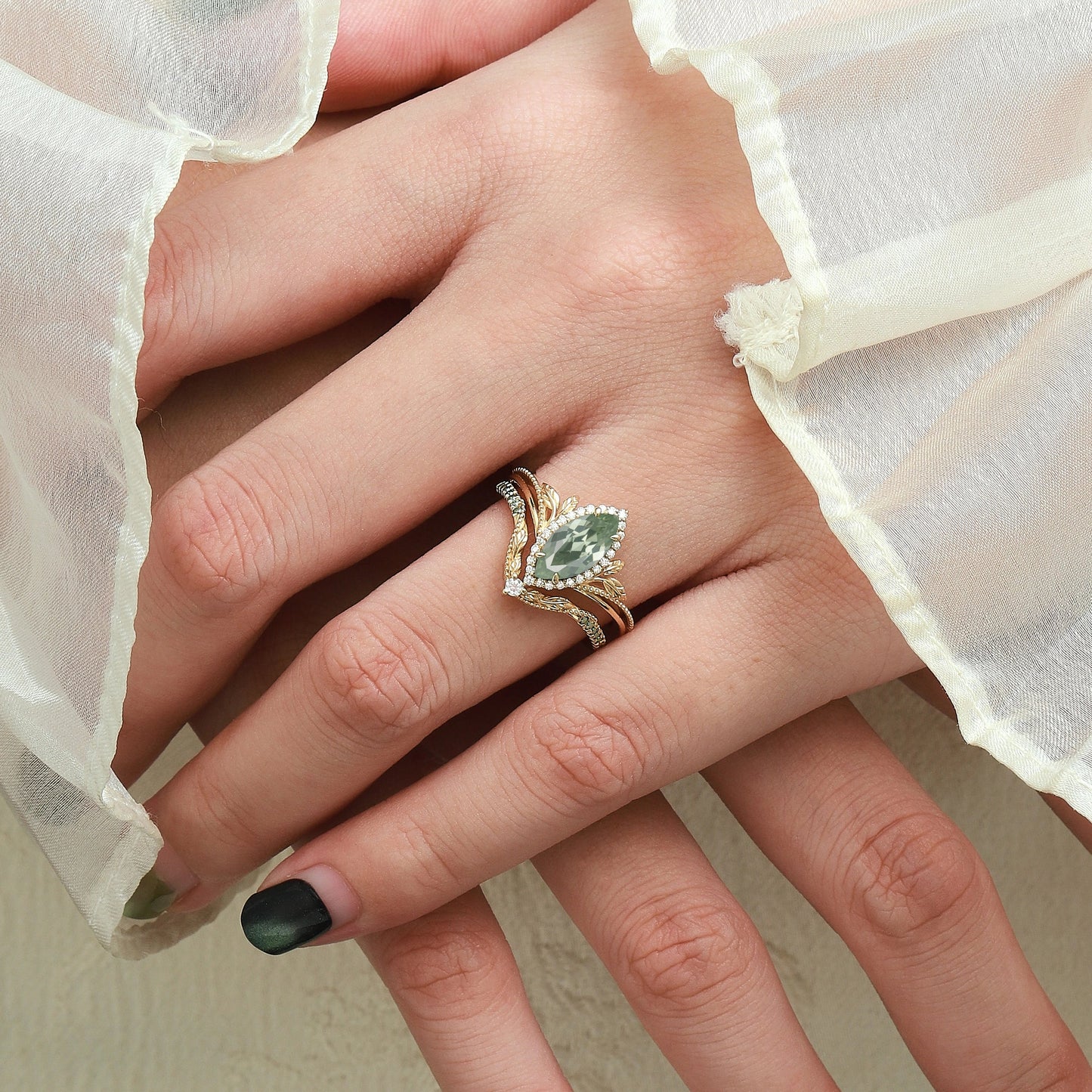 Marquise Green Sapphire Milgrain Halo Engagement Ring  & Wedding Band 2PCS
