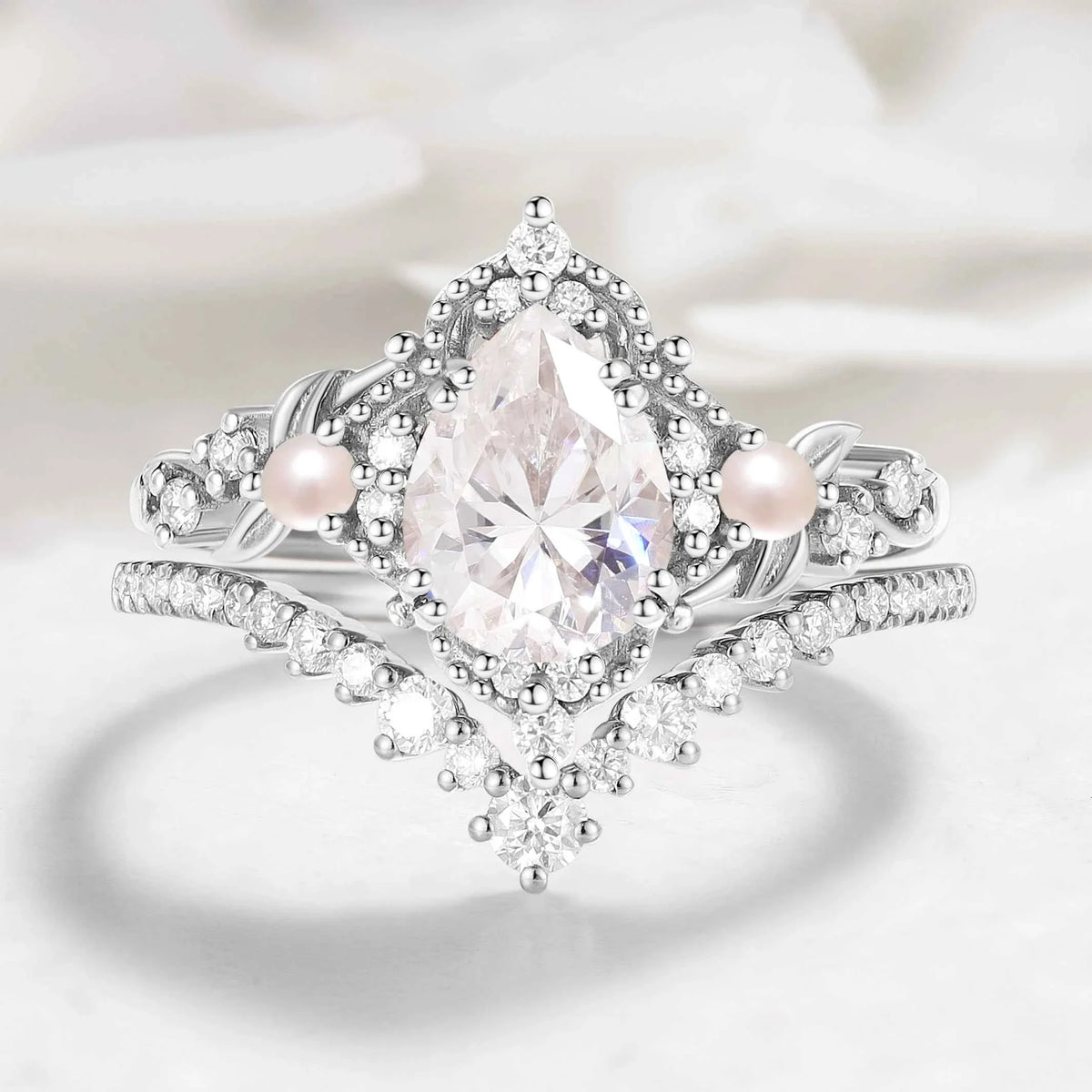 Nature Inspired Leaf Pear Cut Moissanite Engagement Ring With Pearl & Chevron Wedding Band Set Bridal Set