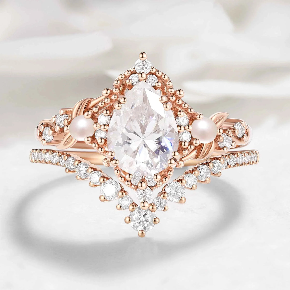 Nature Inspired Leaf Pear Cut Moissanite Engagement Ring With Pearl & Chevron Wedding Band Set Bridal Set