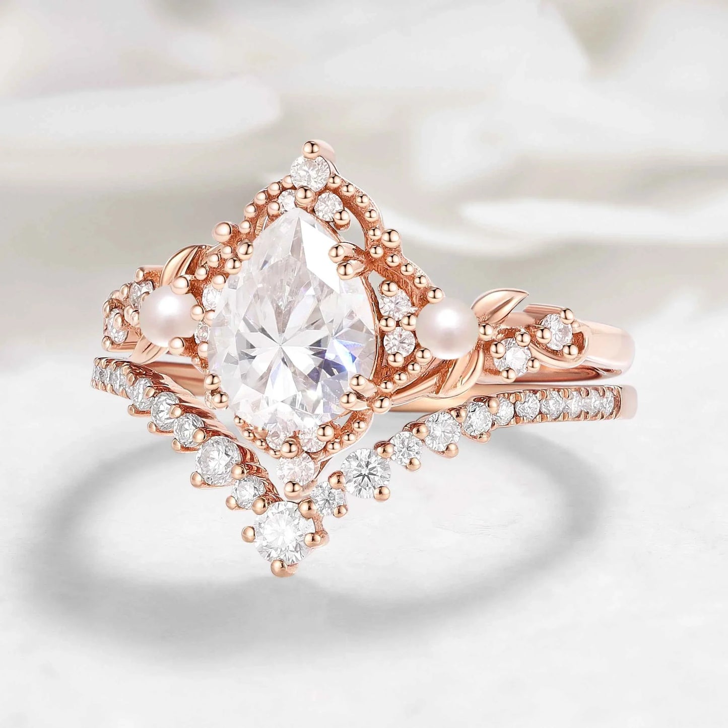 Nature Inspired Leaf Pear Cut Moissanite Engagement Ring With Pearl & Chevron Wedding Band Set Bridal Set