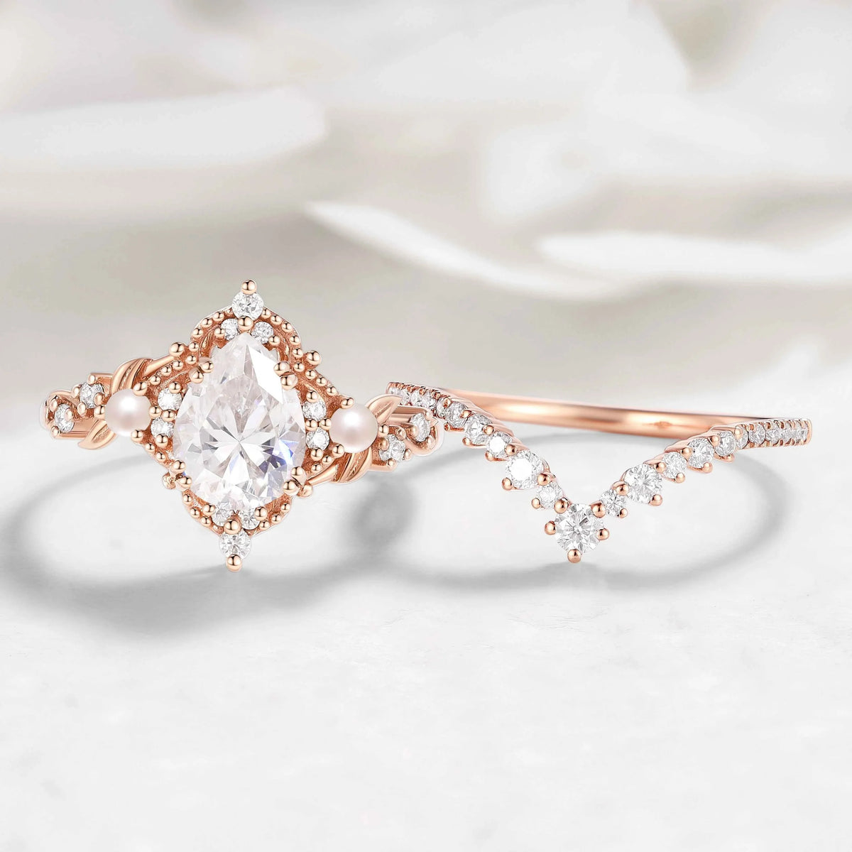 Nature Inspired Leaf Pear Cut Moissanite Engagement Ring With Pearl & Chevron Wedding Band Set Bridal Set