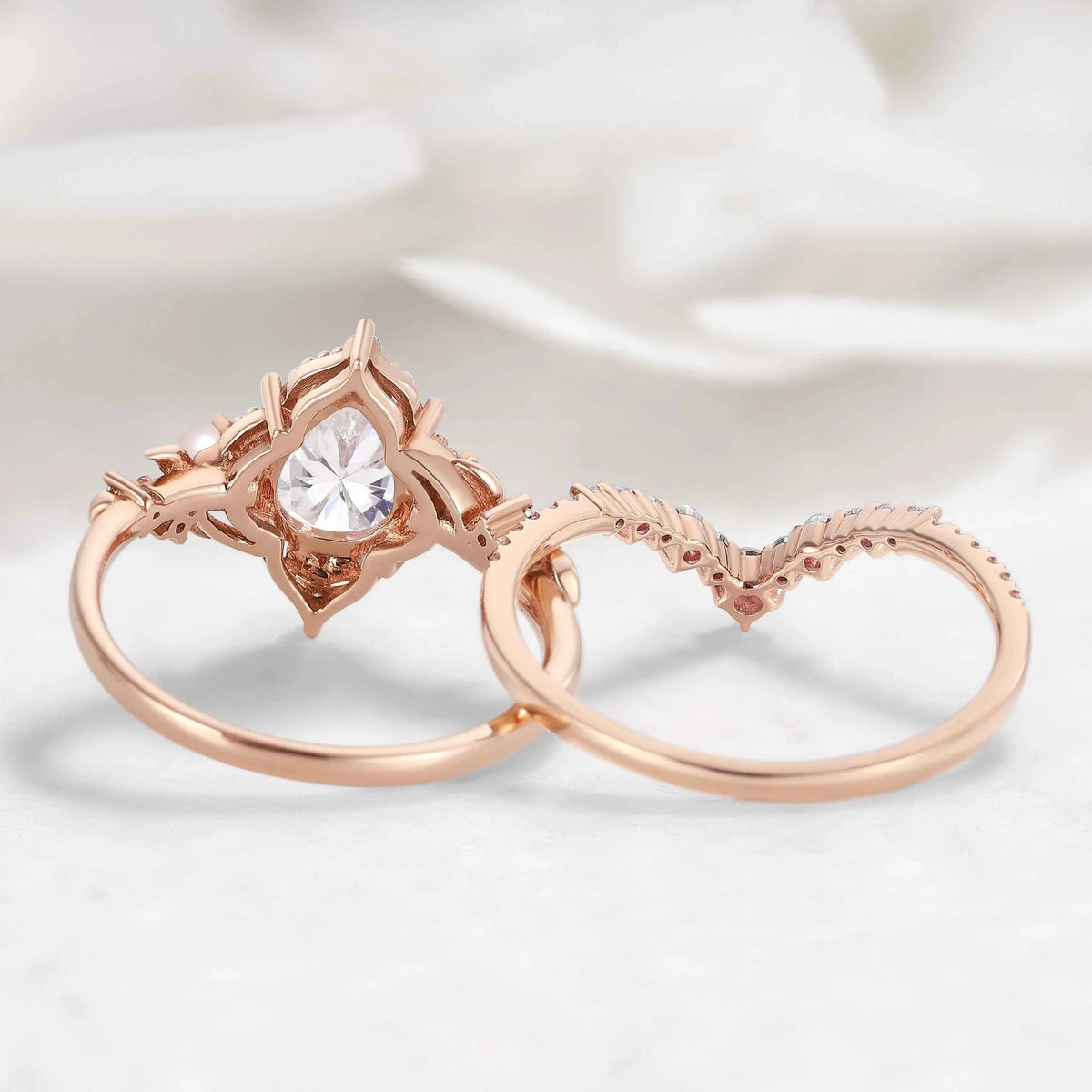 Nature Inspired Leaf Pear Cut Moissanite Engagement Ring With Pearl & Chevron Wedding Band Set Bridal Set