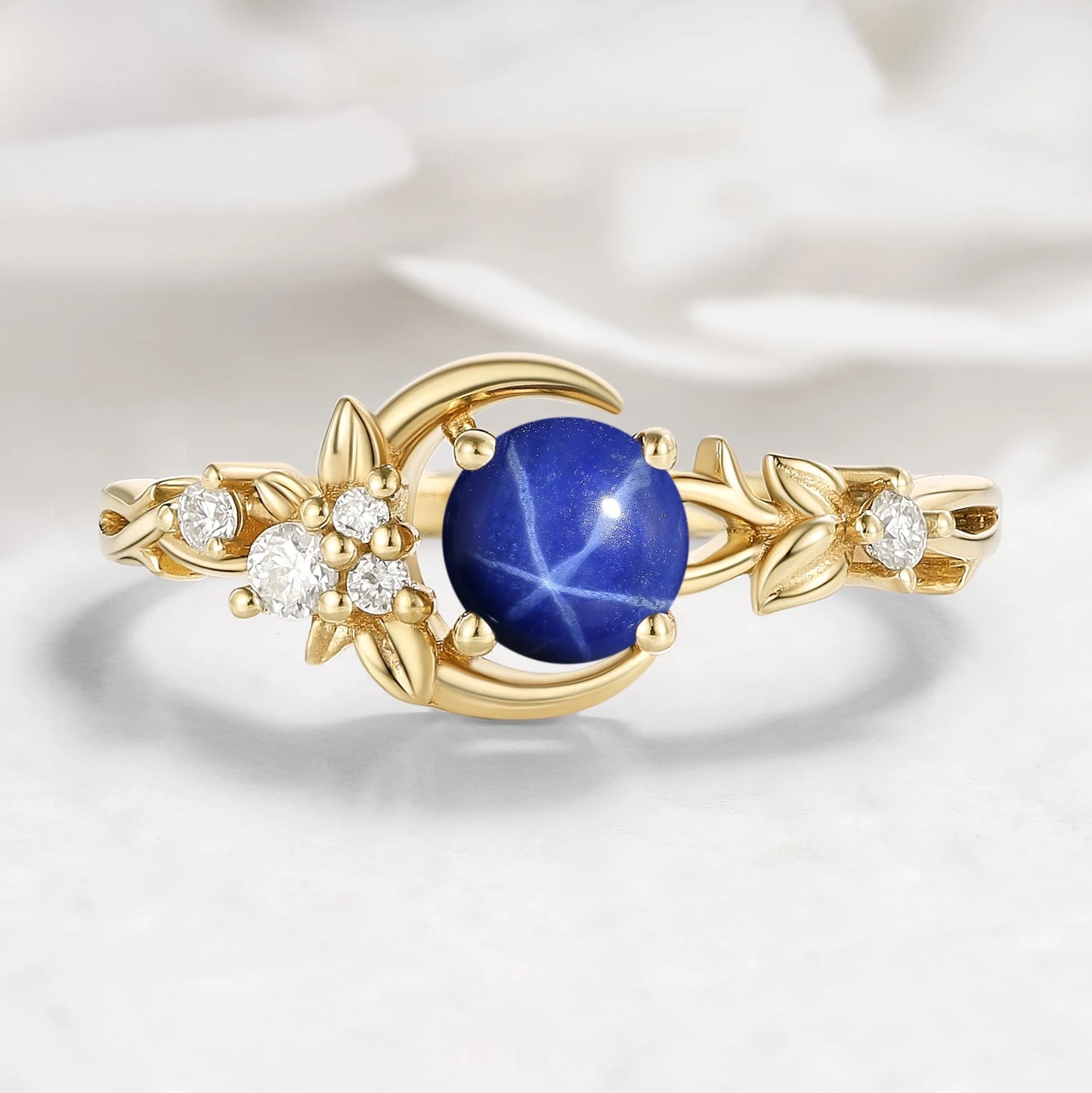 Nature Inspired Crescent Moon Round Star Sapphire Leaf Engagement Ring - Lunelle