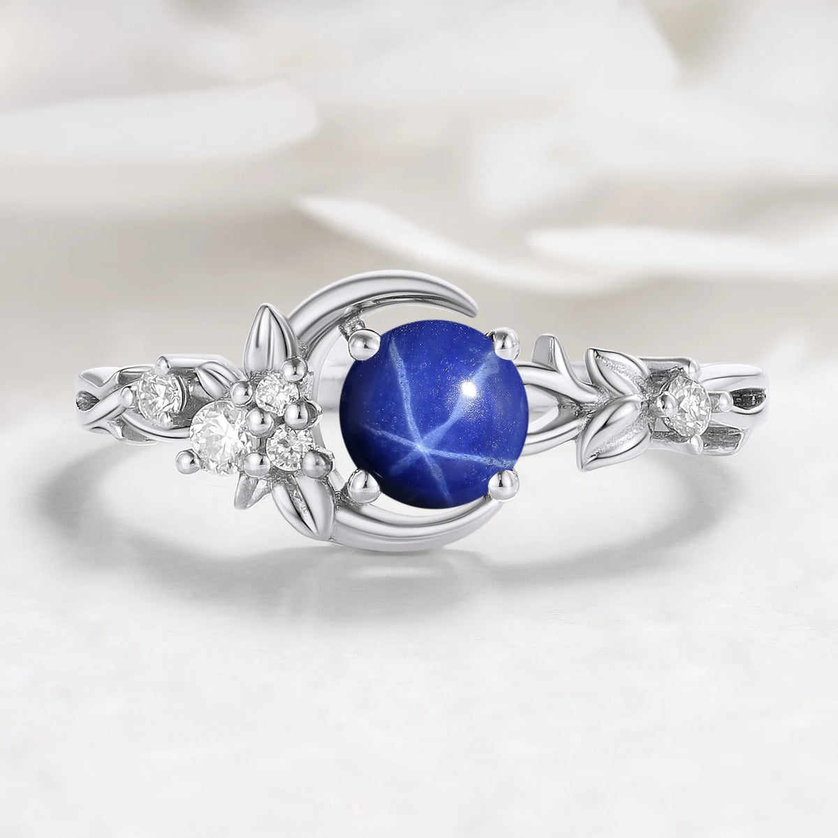 Nature Inspired Crescent Moon Round Star Sapphire Leaf Engagement Ring - Lunelle