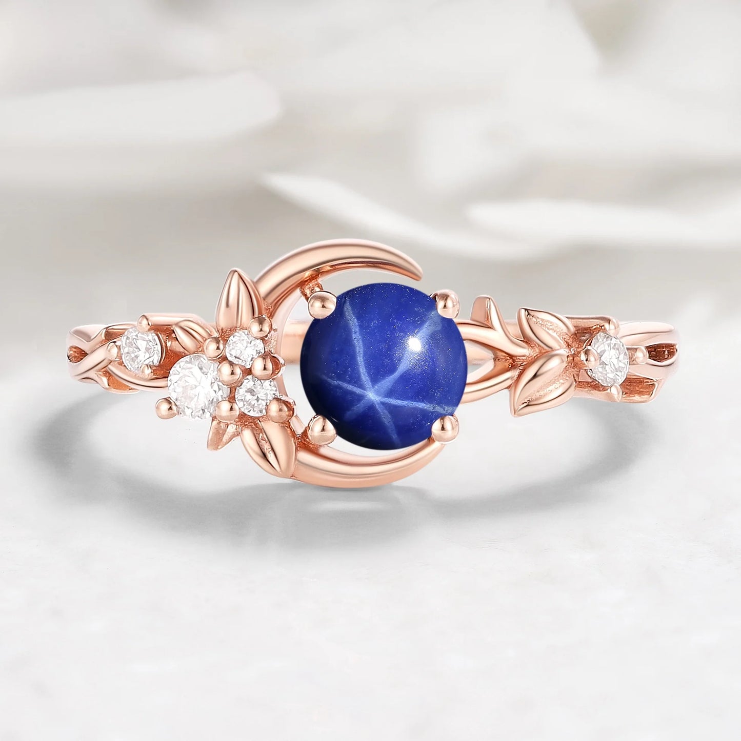 Nature Inspired Crescent Moon Round Star Sapphire Leaf Engagement Ring - Lunelle
