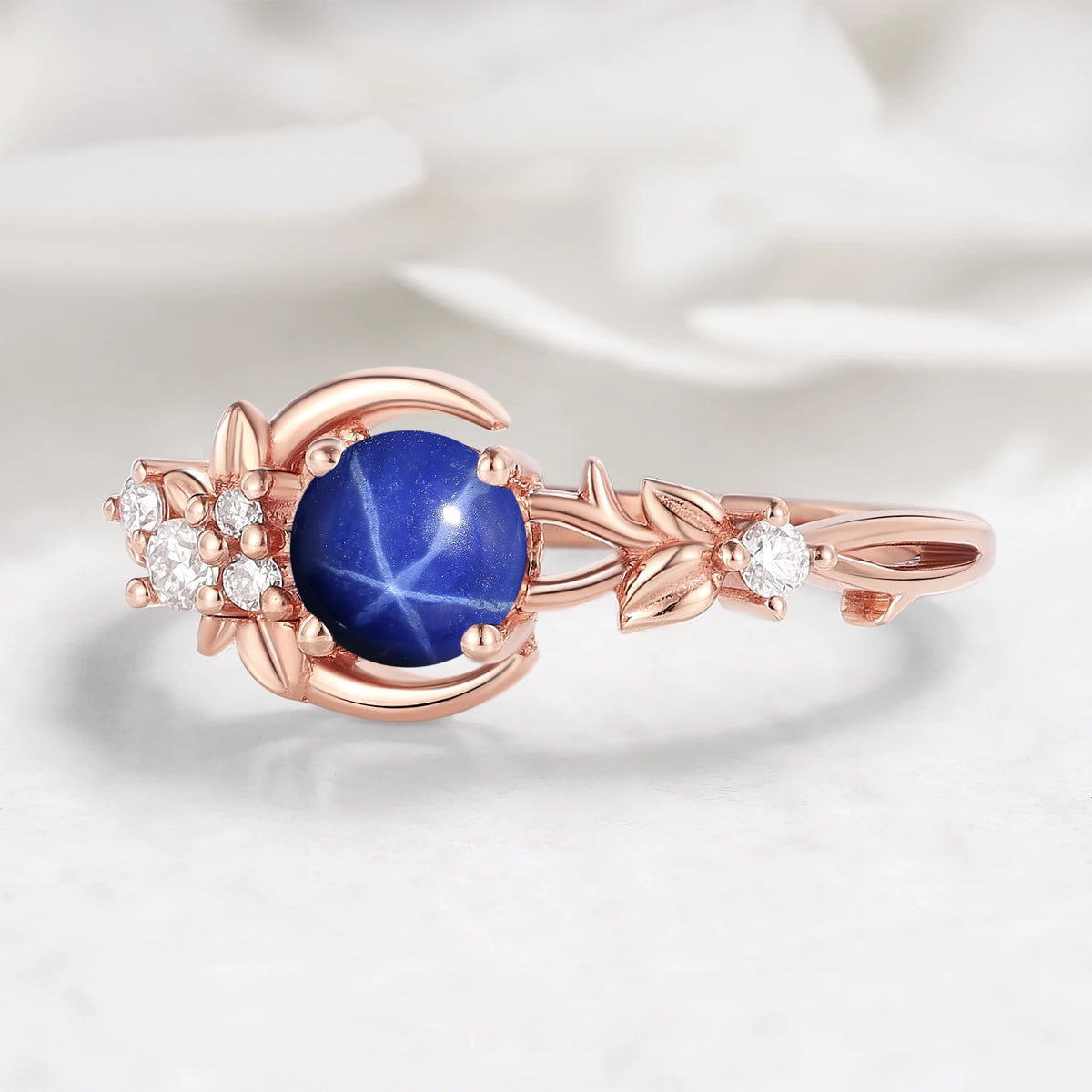 Nature Inspired Crescent Moon Round Star Sapphire Leaf Engagement Ring - Lunelle