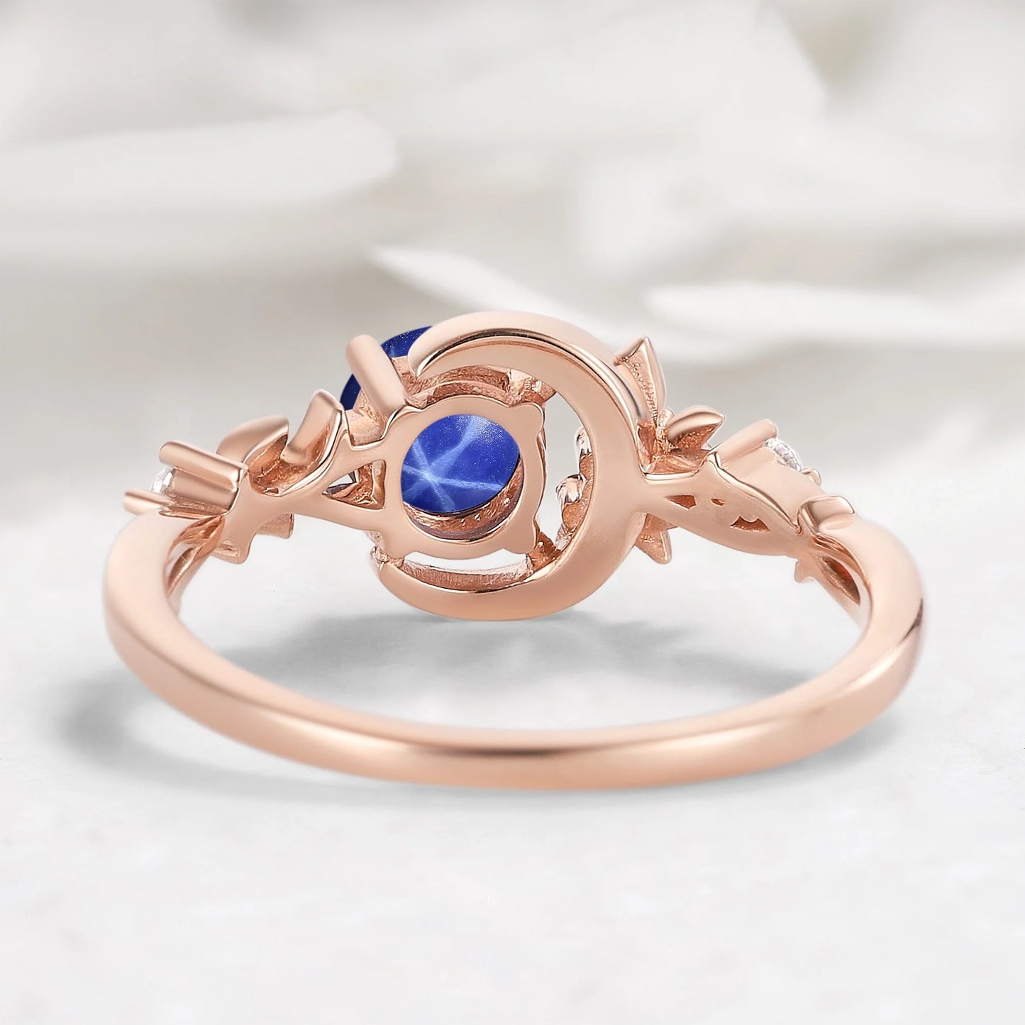 Nature Inspired Crescent Moon Round Star Sapphire Leaf Engagement Ring - Lunelle
