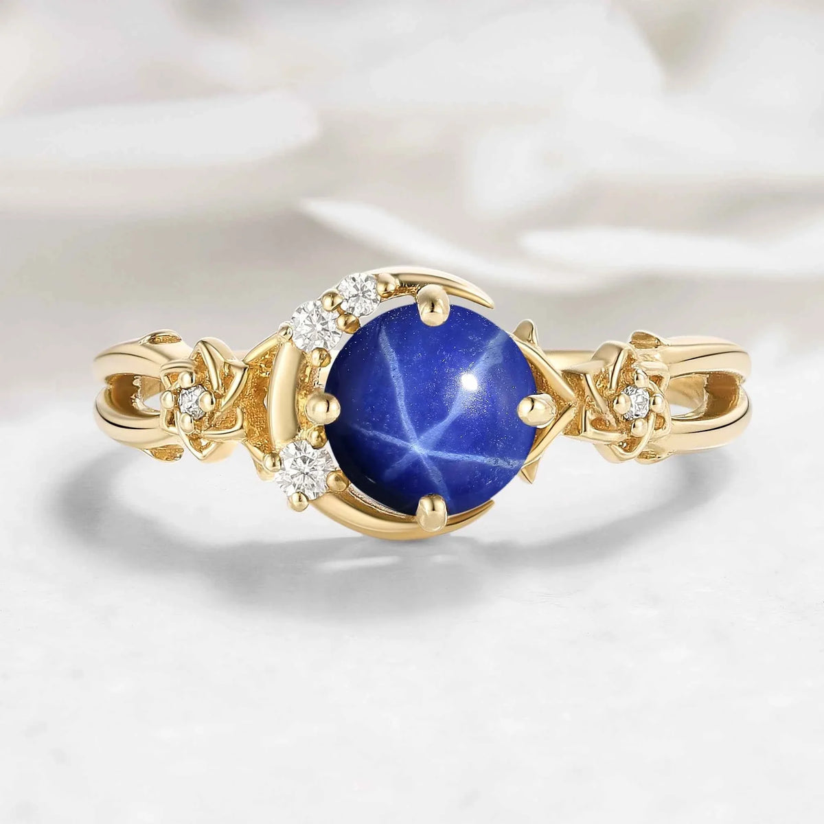 Moon & Floral Round Star Sapphire Engagement Ring - Seluna