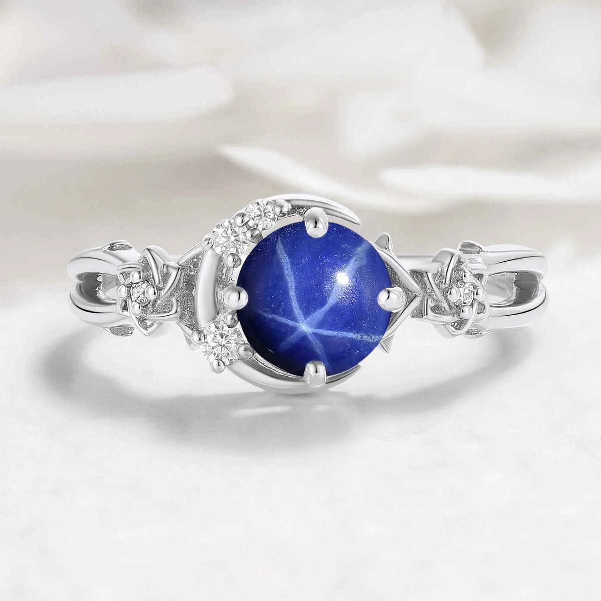Moon & Floral Round Star Sapphire Engagement Ring - Seluna