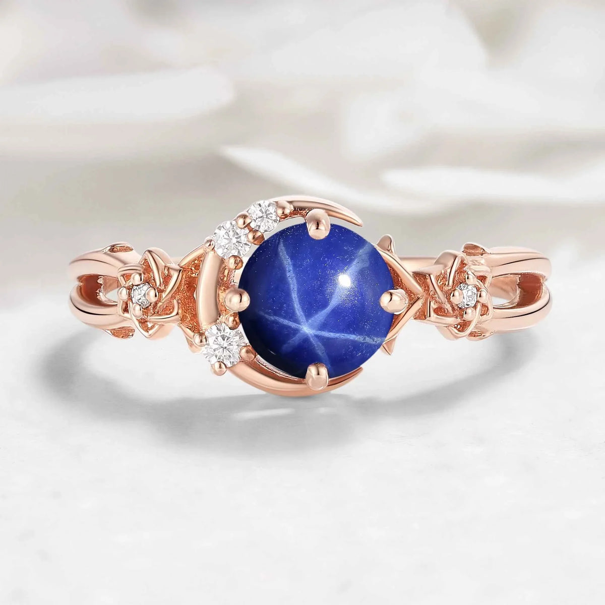 Moon & Floral Round Star Sapphire Engagement Ring - Seluna