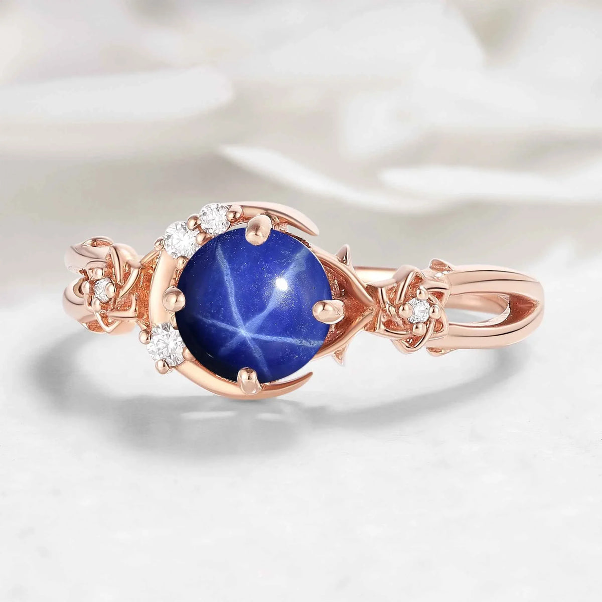 Moon & Floral Round Star Sapphire Engagement Ring - Seluna
