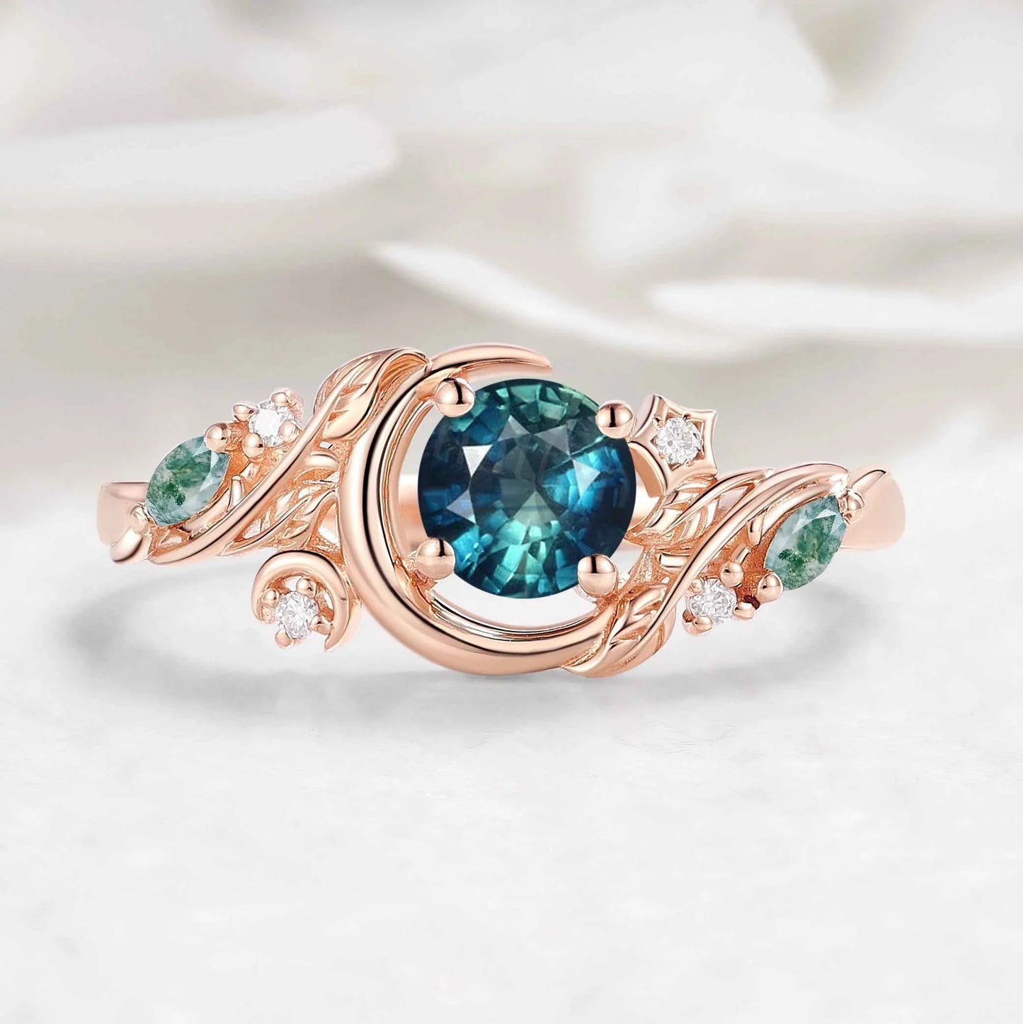 Nature-inspired Moon & Leaf  Round Cut Teal Sapphire Engagement Ring - Veralune