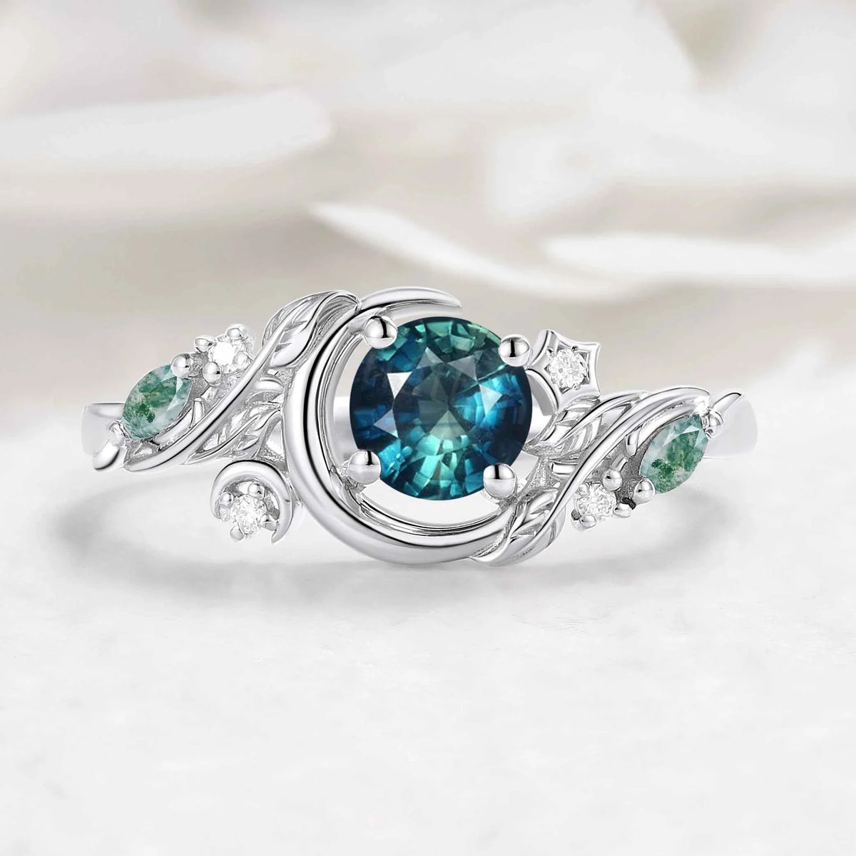 Nature-inspired Moon & Leaf  Round Cut Teal Sapphire Engagement Ring - Veralune
