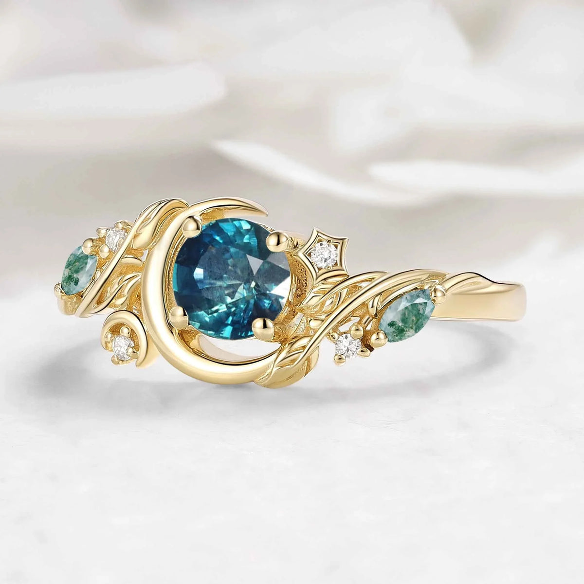 Nature-inspired Moon & Leaf  Round Cut Teal Sapphire Engagement Ring - Veralune