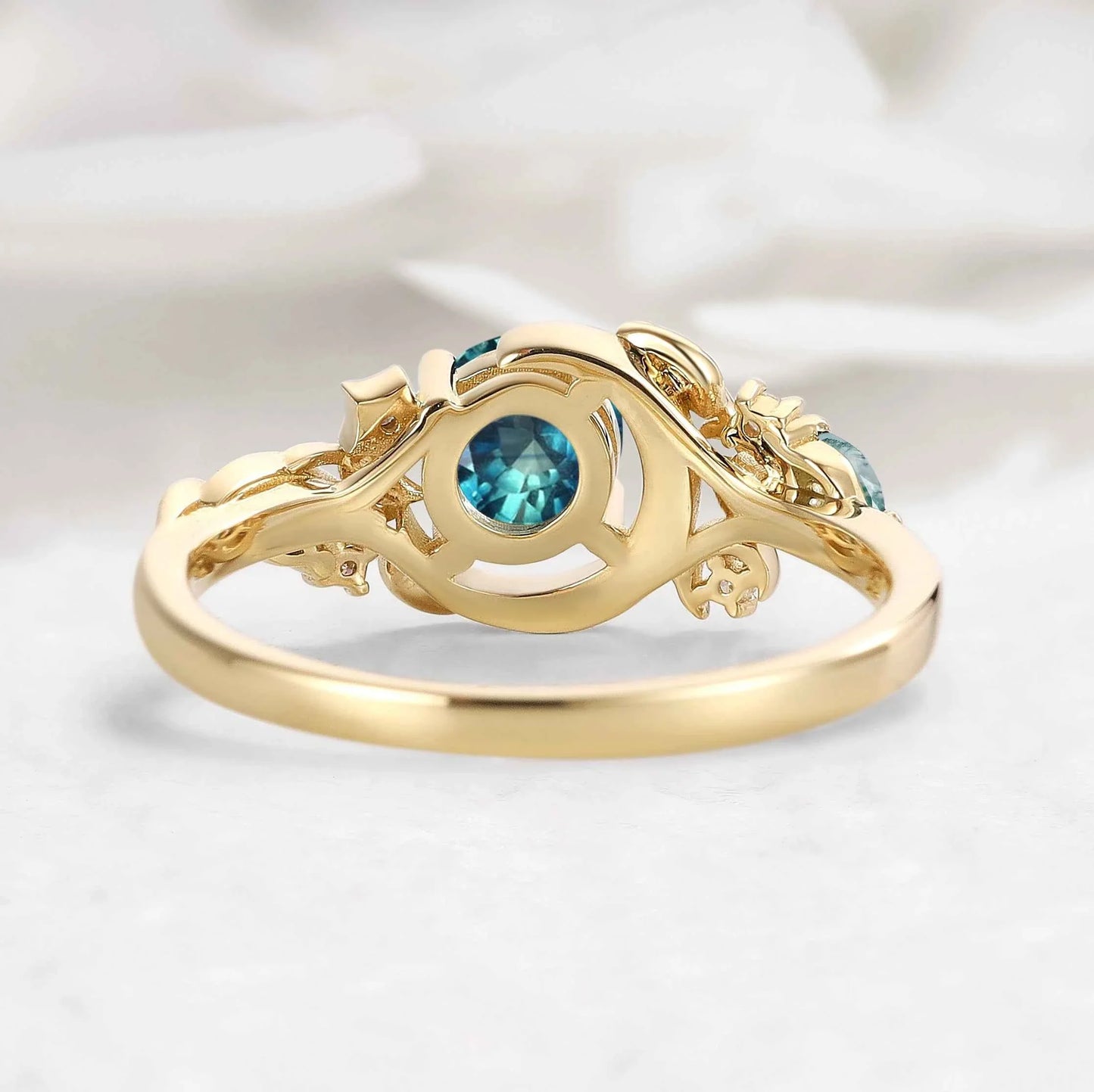 Nature-inspired Moon & Leaf  Round Cut Teal Sapphire Engagement Ring - Veralune