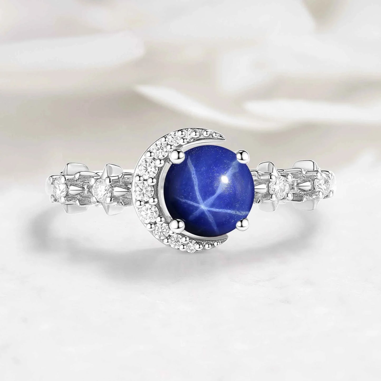 Star & Moon Inspired Custom Round Cut Lindy Star Sapphire Engagement Ring - Aurora