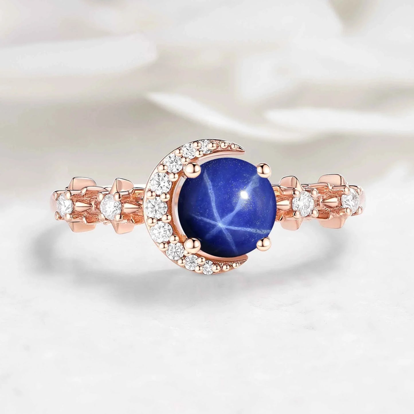 Star & Moon Inspired Custom Round Cut Lindy Star Sapphire Engagement Ring - Aurora