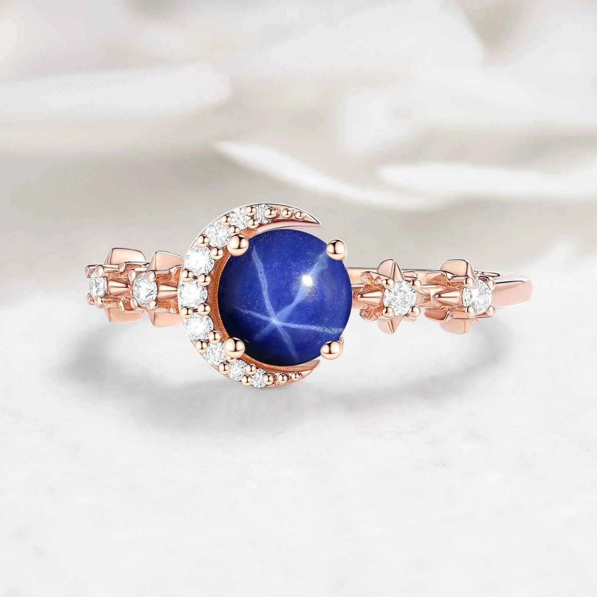 Star & Moon Inspired Custom Round Cut Lindy Star Sapphire Engagement Ring - Aurora