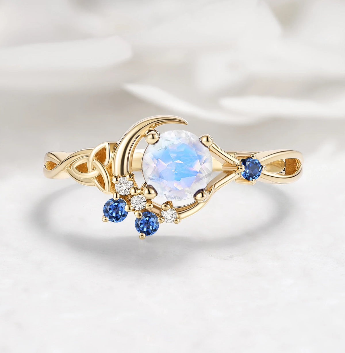 Celtic Knot Design Moonstone Round Cut Engagement Ring