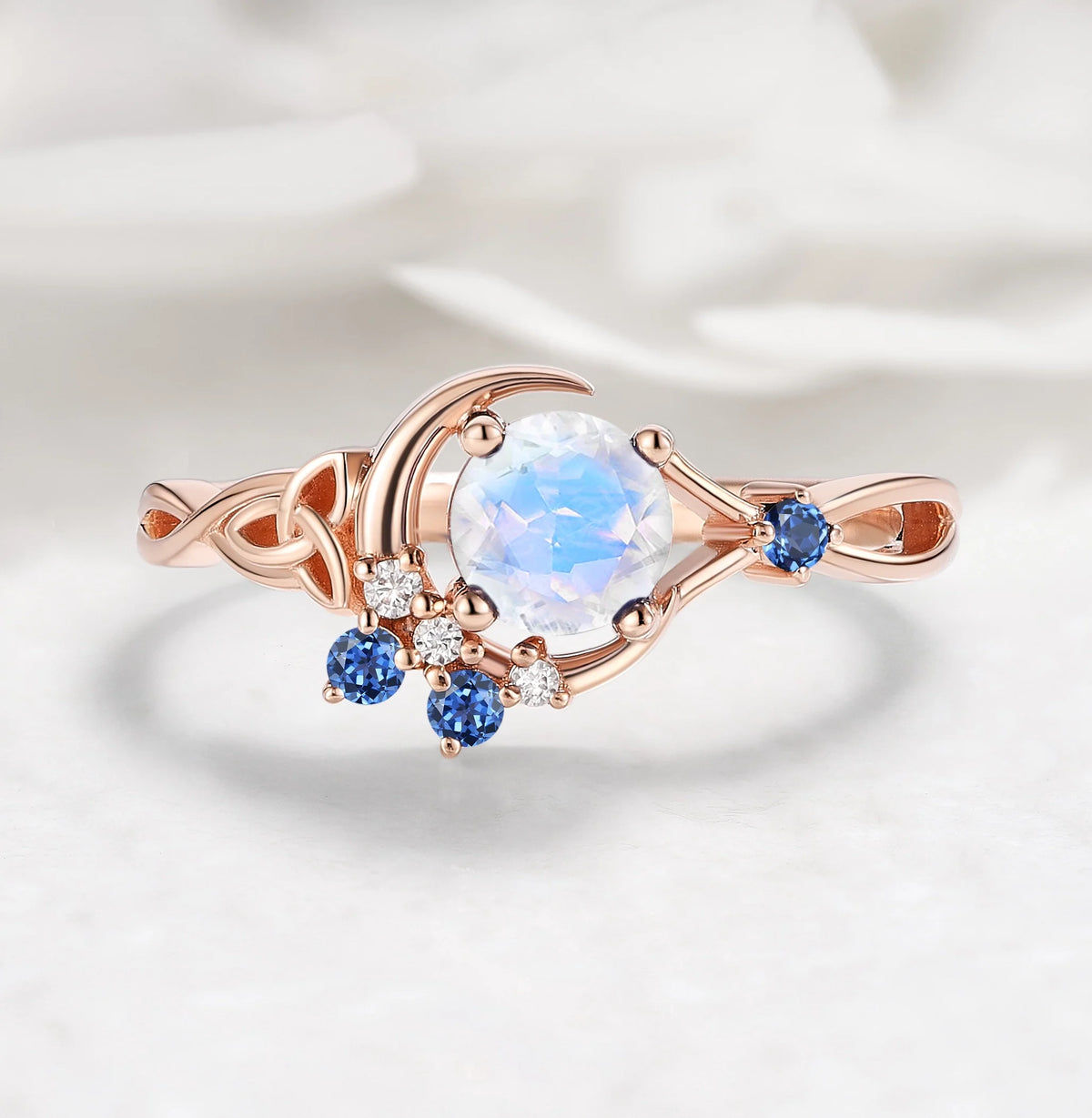 Celtic Knot Design Moonstone Round Cut Engagement Ring