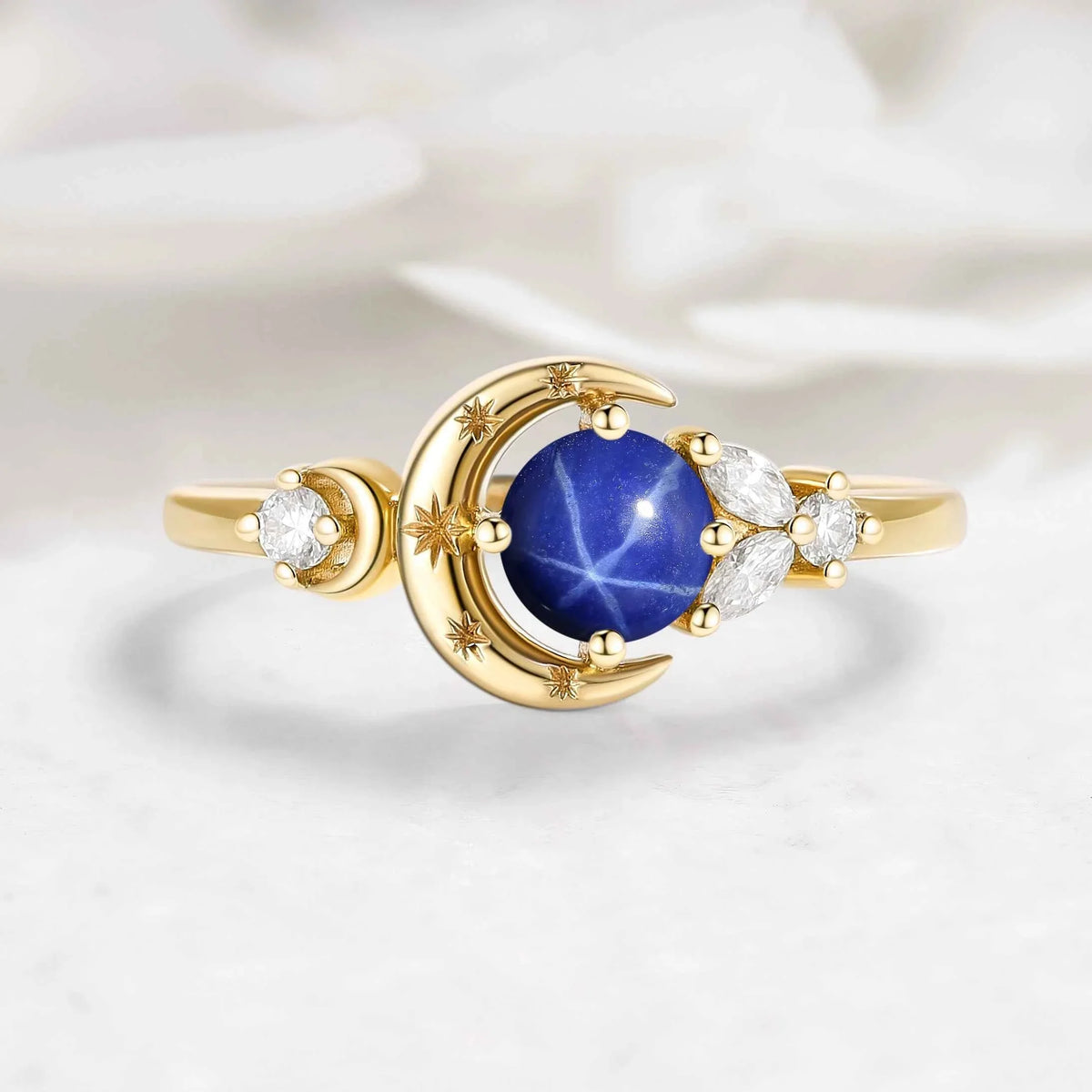 Star & Moon Inspired Engraved Lindy Star Sapphire Round Cut Engagement Ring - Celeste