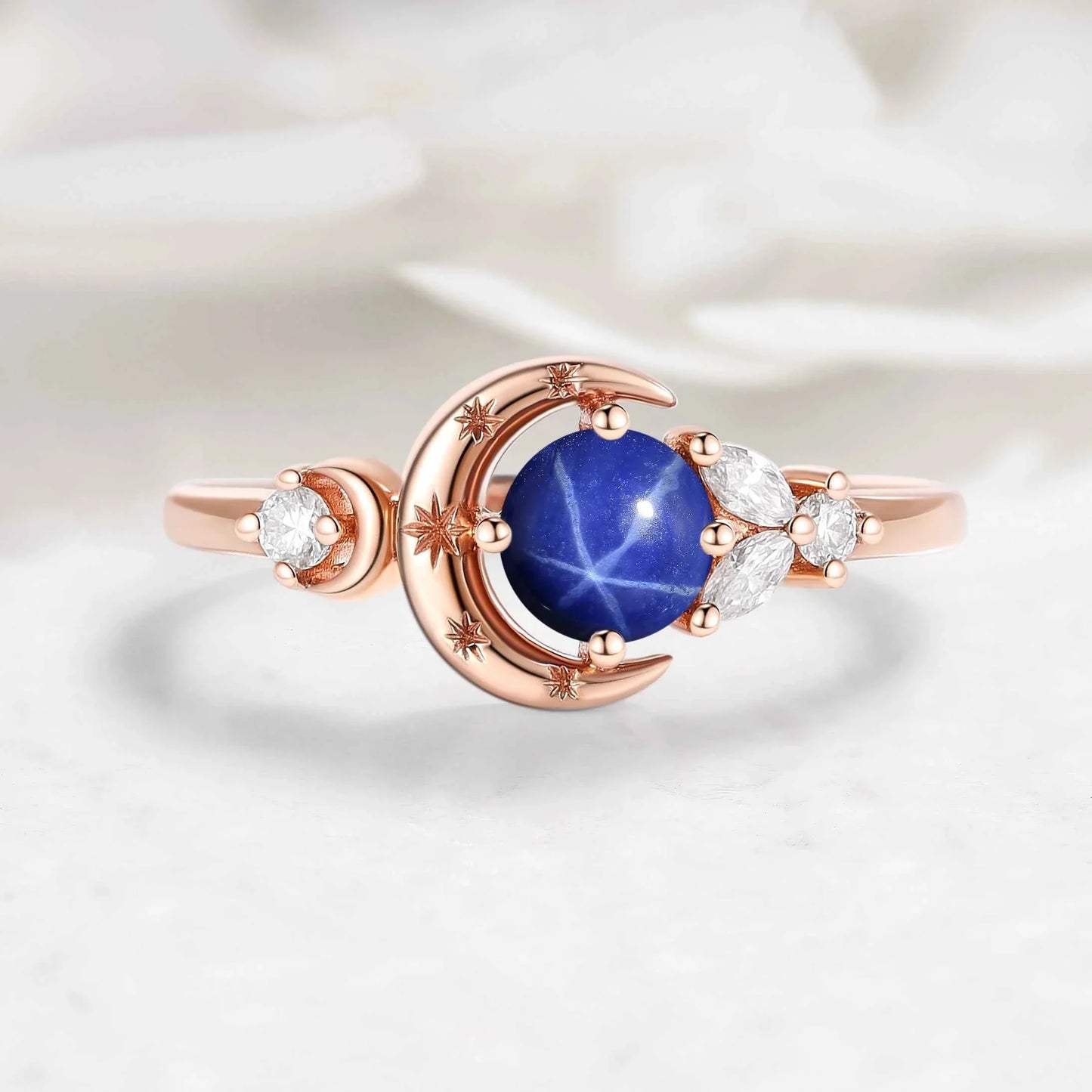 Star & Moon Inspired Engraved Lindy Star Sapphire Round Cut Engagement Ring - Celeste