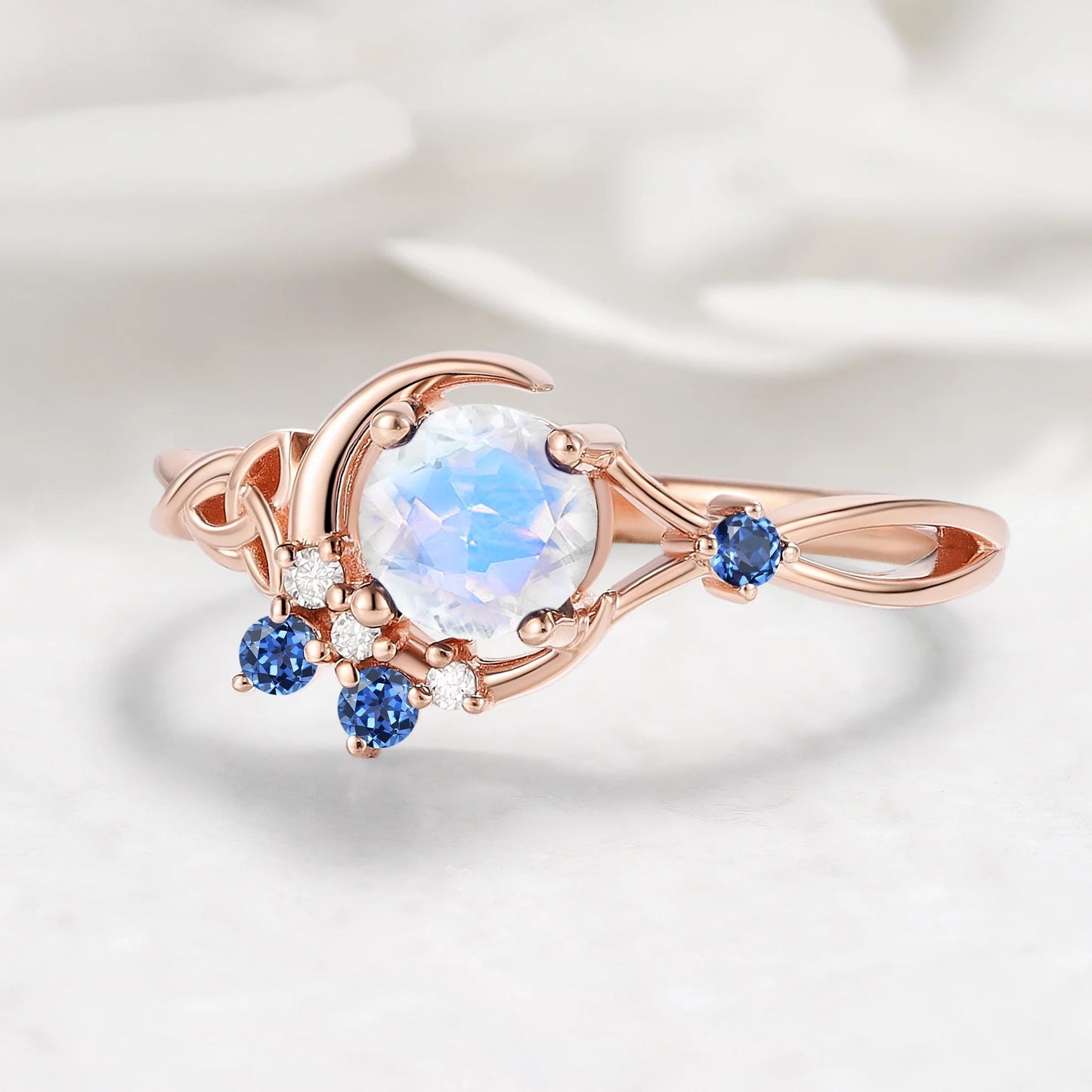 Celtic Knot Design Moonstone Round Cut Engagement Ring