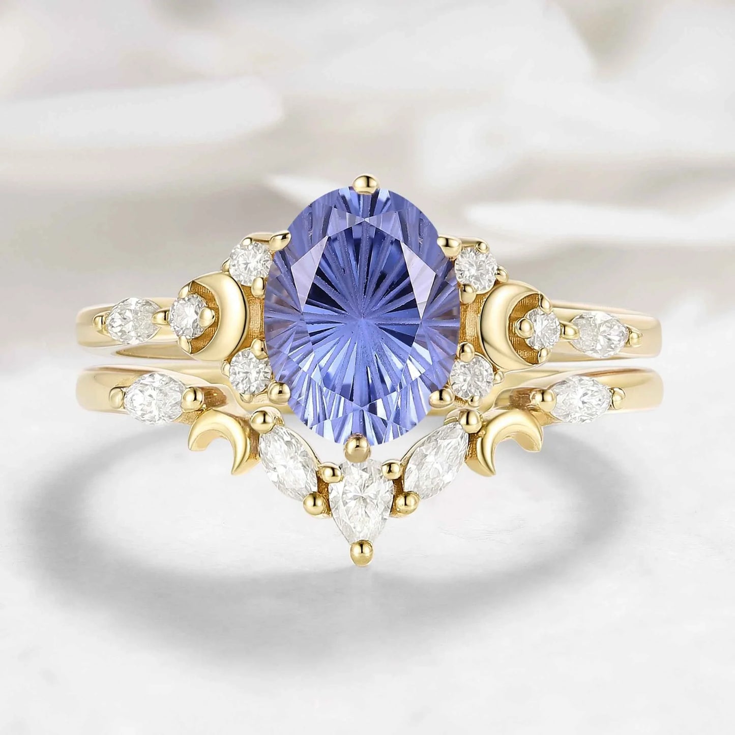 Moon Inspired Firework Cut Cornflower Sapphire Engagement Ring with V-Shaped Moissanite Wedding Band