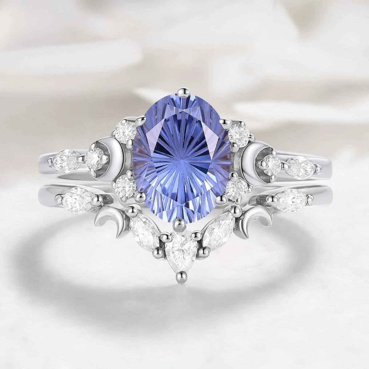Moon Inspired Firework Cut Cornflower Sapphire Engagement Ring with V-Shaped Moissanite Wedding Band