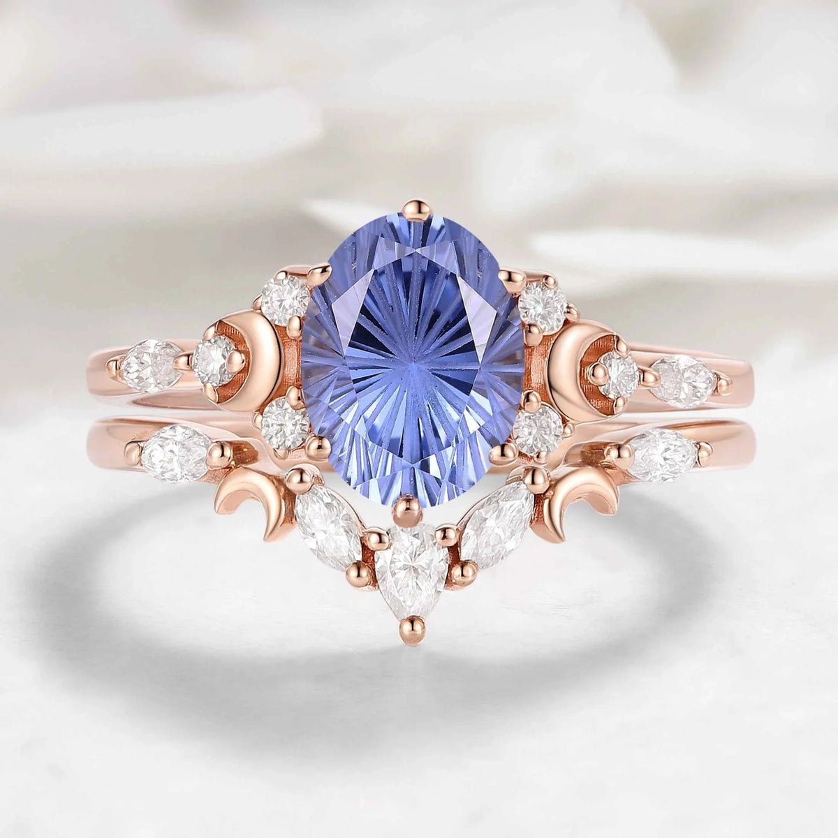 Moon Inspired Firework Cut Cornflower Sapphire Engagement Ring with V-Shaped Moissanite Wedding Band