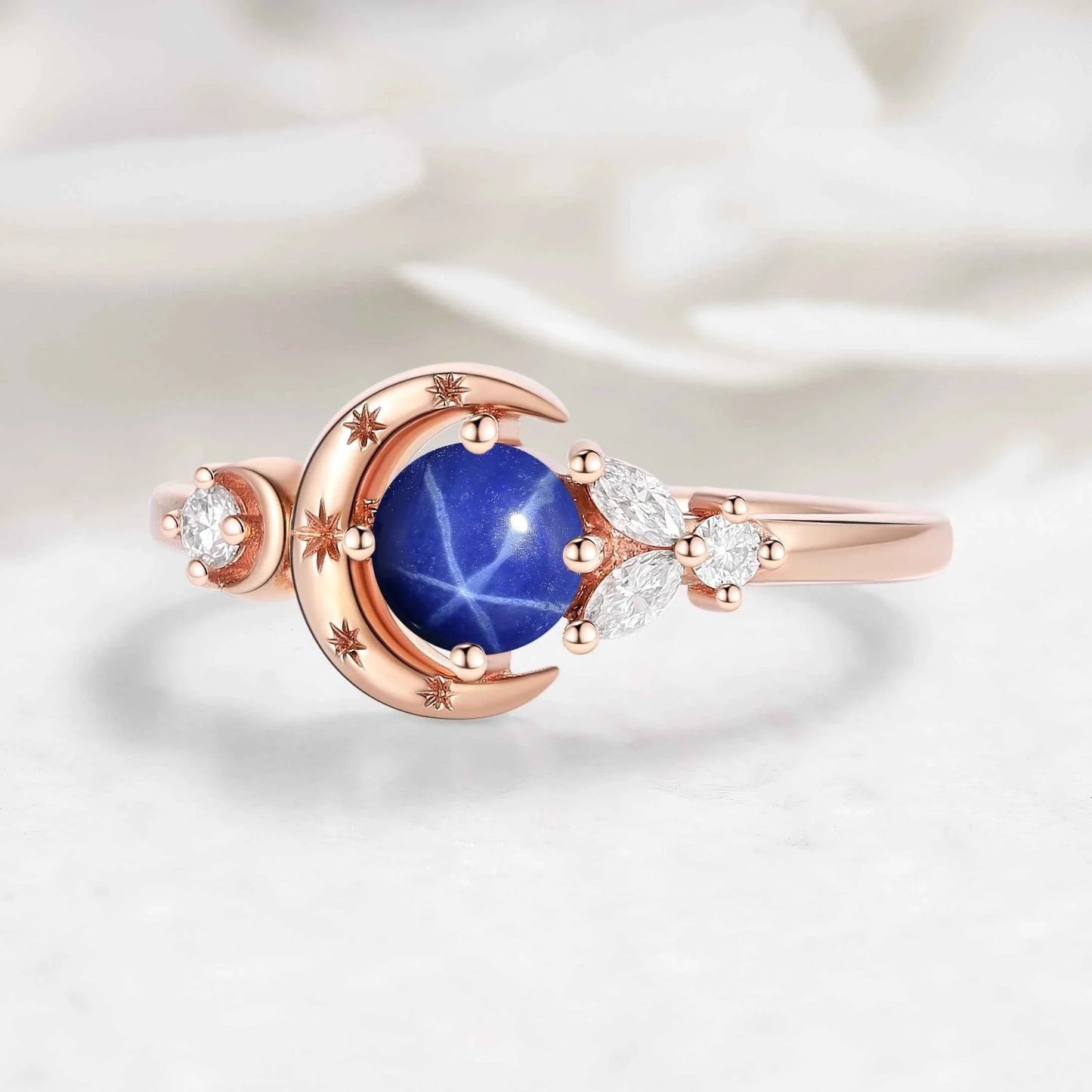 Star & Moon Inspired Engraved Lindy Star Sapphire Round Cut Engagement Ring - Celeste