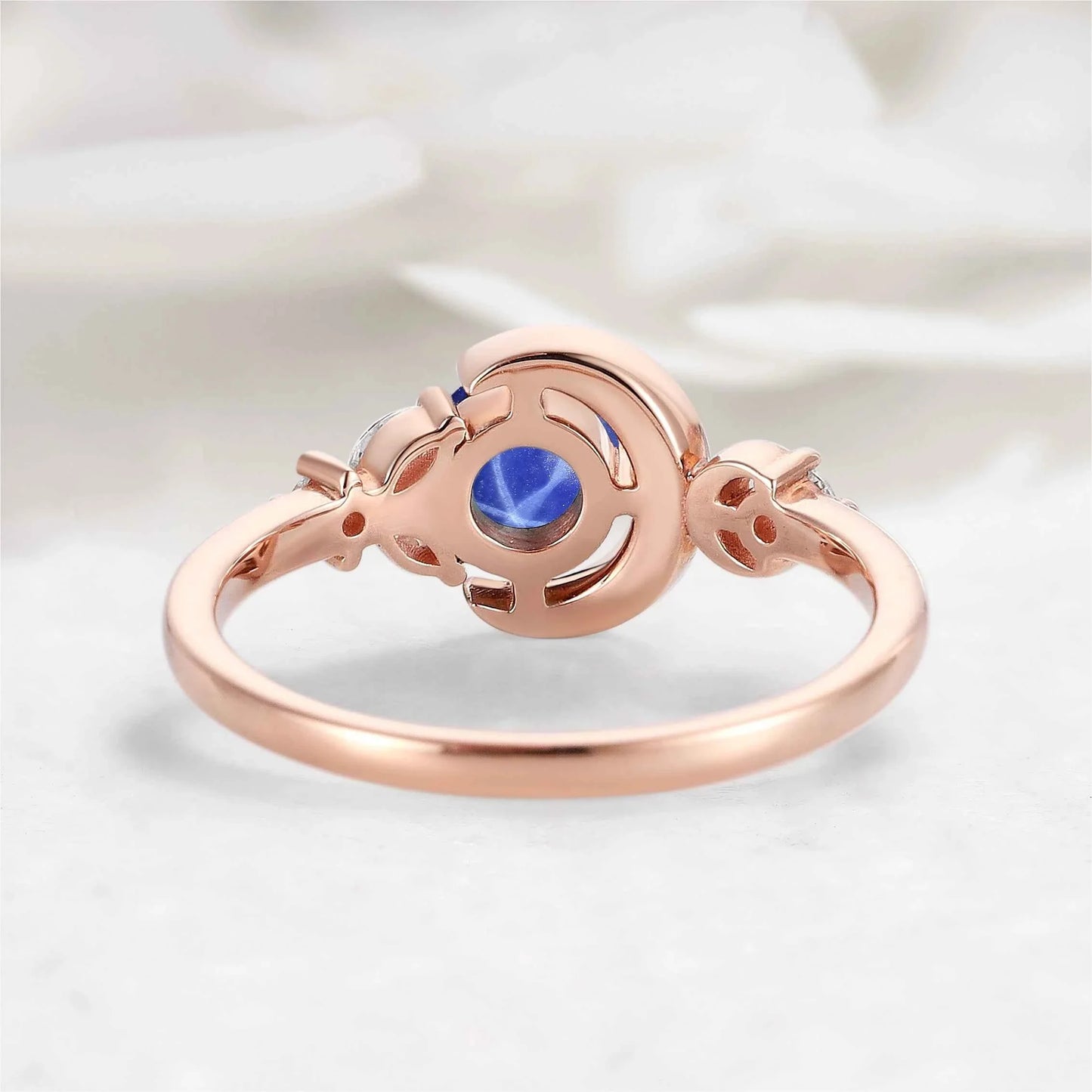 Star & Moon Inspired Engraved Lindy Star Sapphire Round Cut Engagement Ring - Celeste
