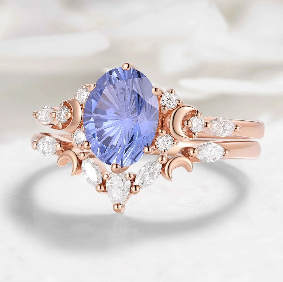 Moon Inspired Firework Cut Cornflower Sapphire Engagement Ring with V-Shaped Moissanite Wedding Band