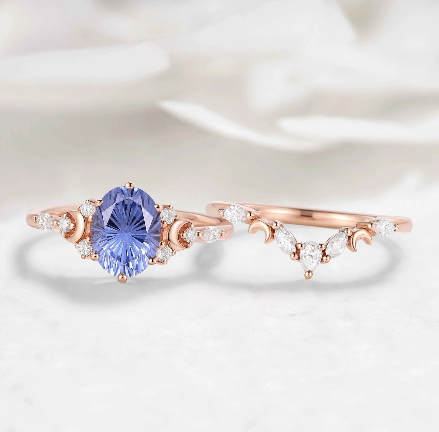 Moon Inspired Firework Cut Cornflower Sapphire Engagement Ring with V-Shaped Moissanite Wedding Band