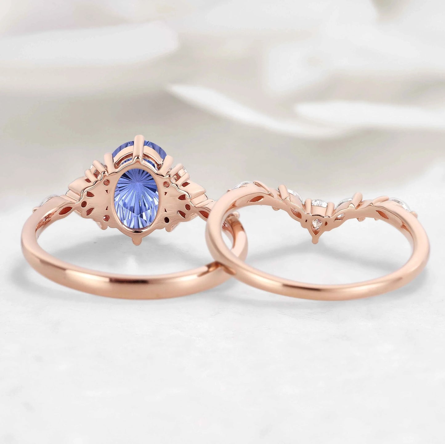 Moon Inspired Firework Cut Cornflower Sapphire Engagement Ring with V-Shaped Moissanite Wedding Band