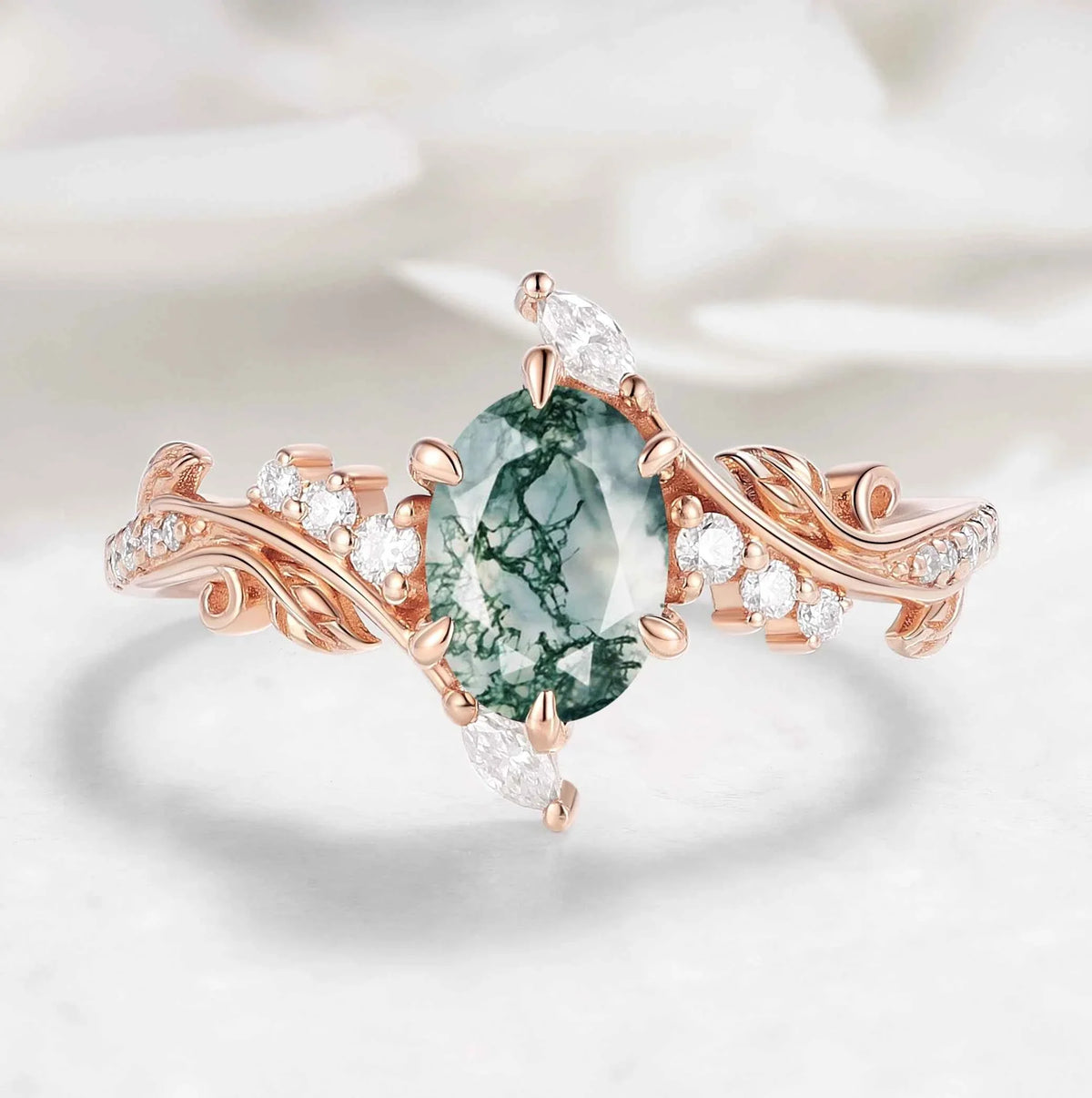 Nature-Inspired Leaf Oval Cut Moss Agate Engagement Ring - Thalina