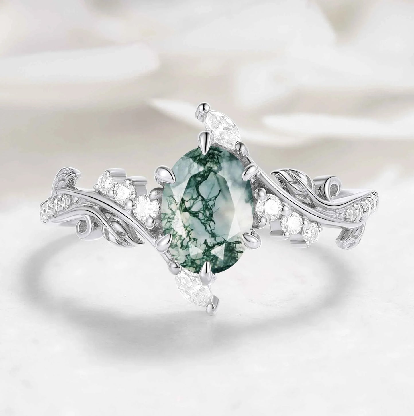 Nature-Inspired Leaf Oval Cut Moss Agate Engagement Ring - Thalina