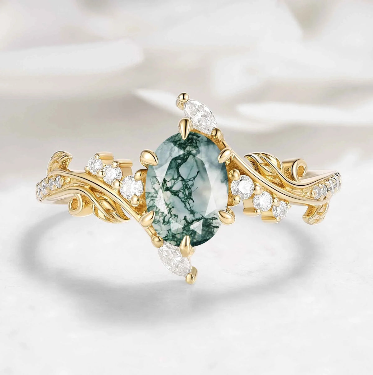 Nature-Inspired Leaf Oval Cut Moss Agate Engagement Ring - Thalina