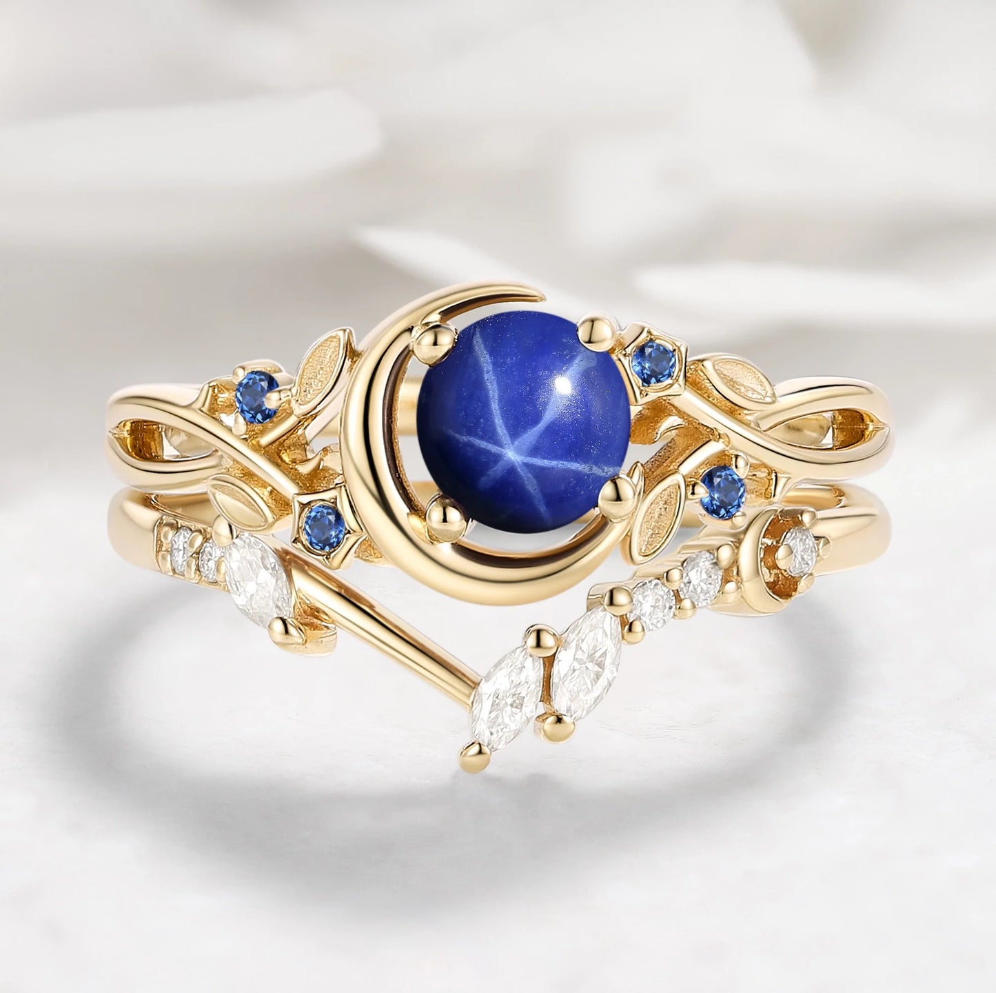 Moon Design Leaf Star Sapphire Moon Ring Engagement Ring with Wedding Band 2pcs