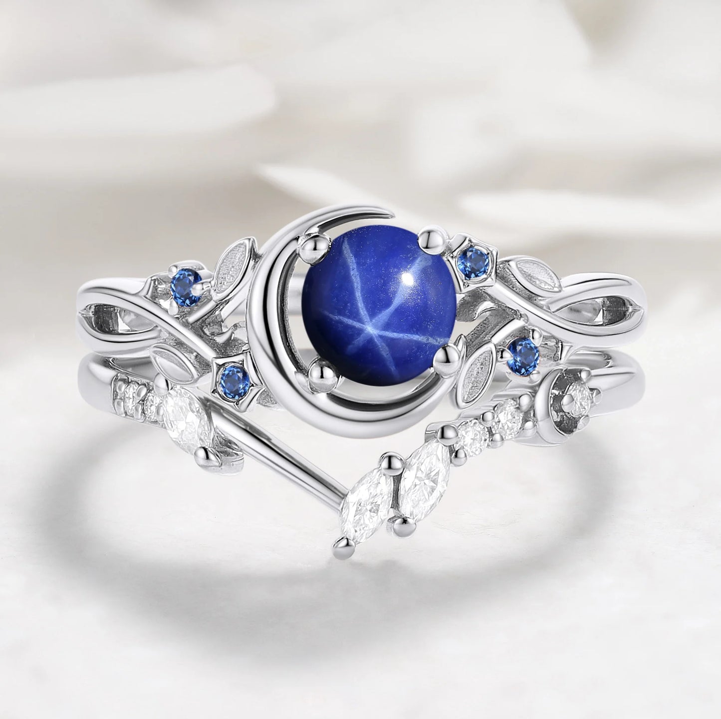 Moon Design Leaf Star Sapphire Moon Ring Engagement Ring with Wedding Band 2pcs