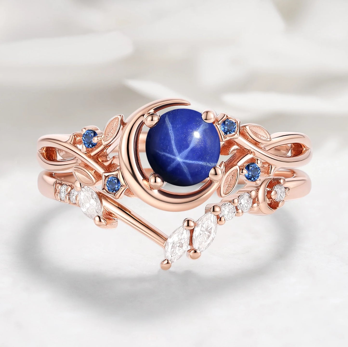 Moon Design Leaf Star Sapphire Moon Ring Engagement Ring with Wedding Band 2pcs