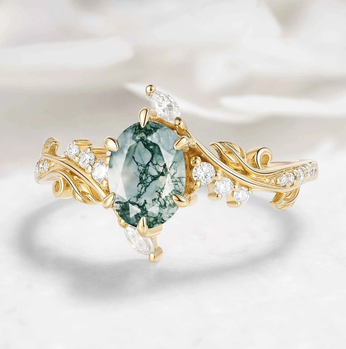 Nature-Inspired Leaf Oval Cut Moss Agate Engagement Ring - Thalina