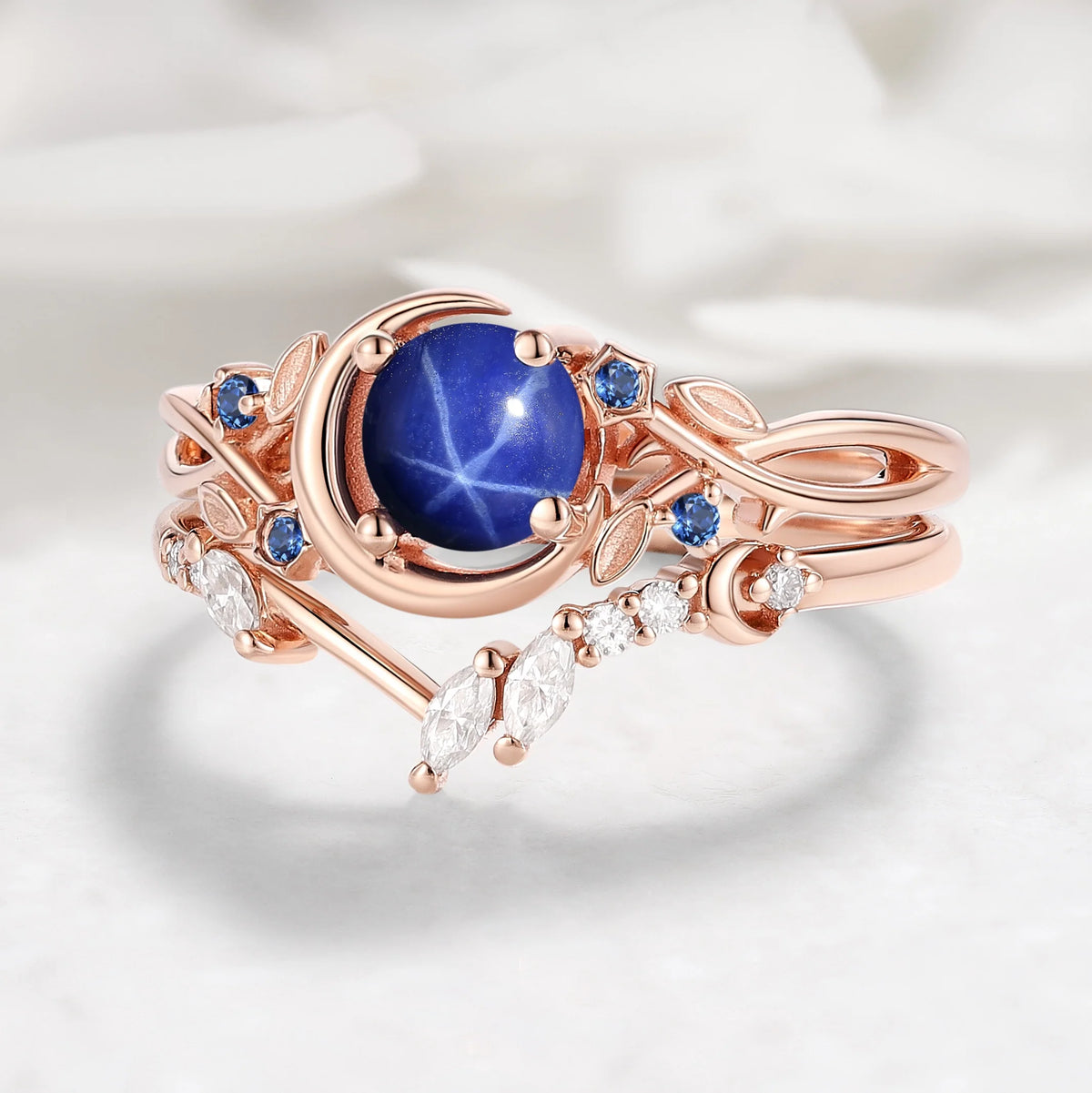 Moon Design Leaf Star Sapphire Moon Ring Engagement Ring with Wedding Band 2pcs